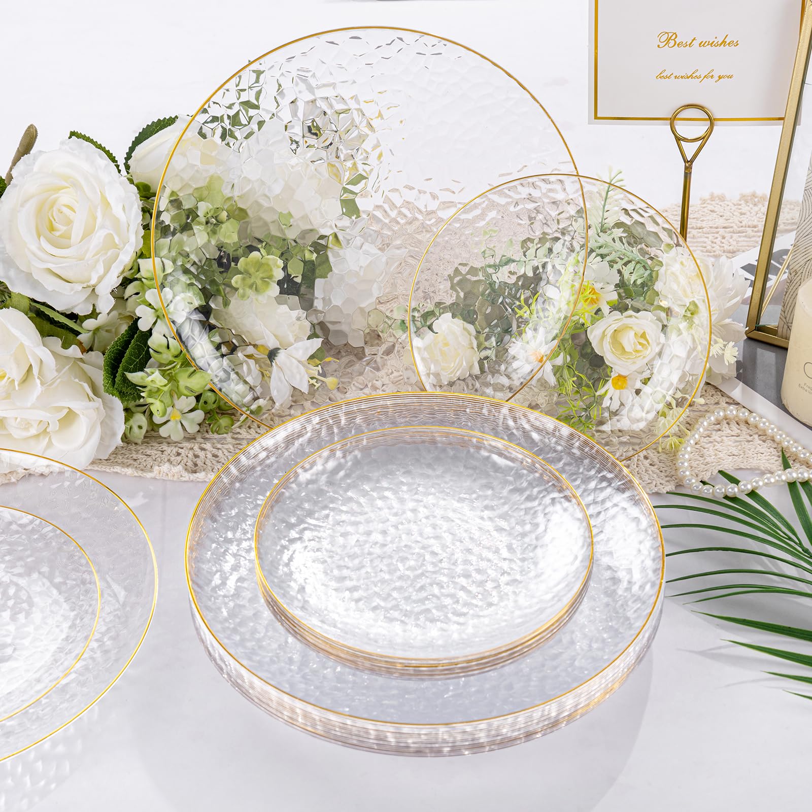 100Pcs Clear Gold Plastic Plates - Disposable Gold Rim Party Plates, Heavy Duty Hammered Design - 50 Clear Dessert Plates & 50 Dinner Plates for Weddings, Birthdays, BBQs & Special Events