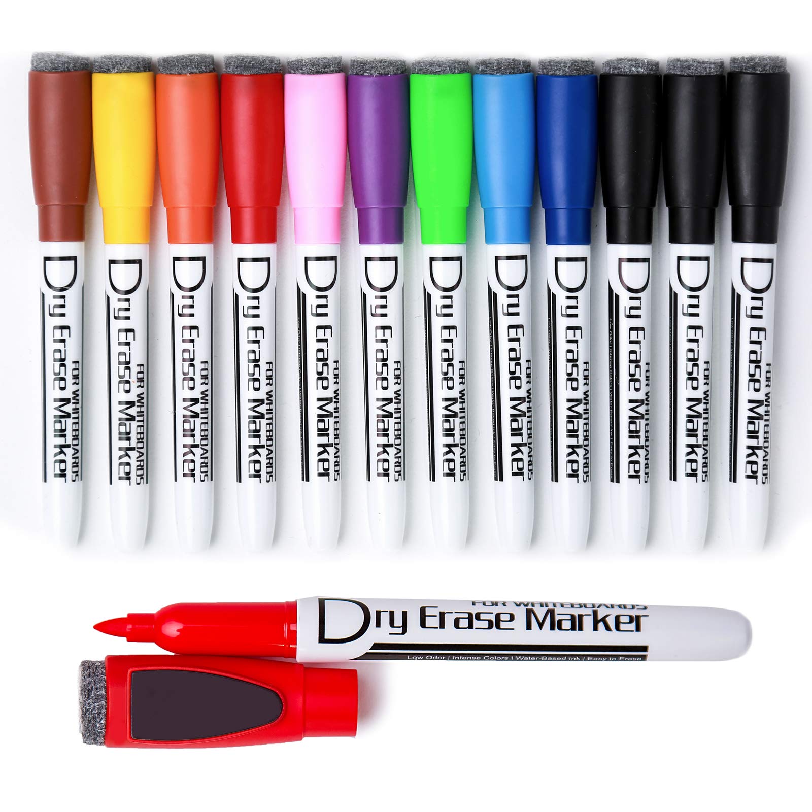 Volcanics 12-Pack Dry Erase Markers with Magnetic Cap - Low Odor Fine Tip Whiteboard Pens in 10 Vibrant Colors for Office, Classroom & Home Use
