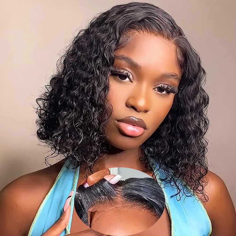 5x5 HD Lace Closure Bob Wig - 180% Density Human Hair Water Wave Glueless Wigs | Pre Plucked Natural Hairline | Wear & Go Style (12 Inch, Natural Black) for Everyday Wear, Parties & Special Occasions