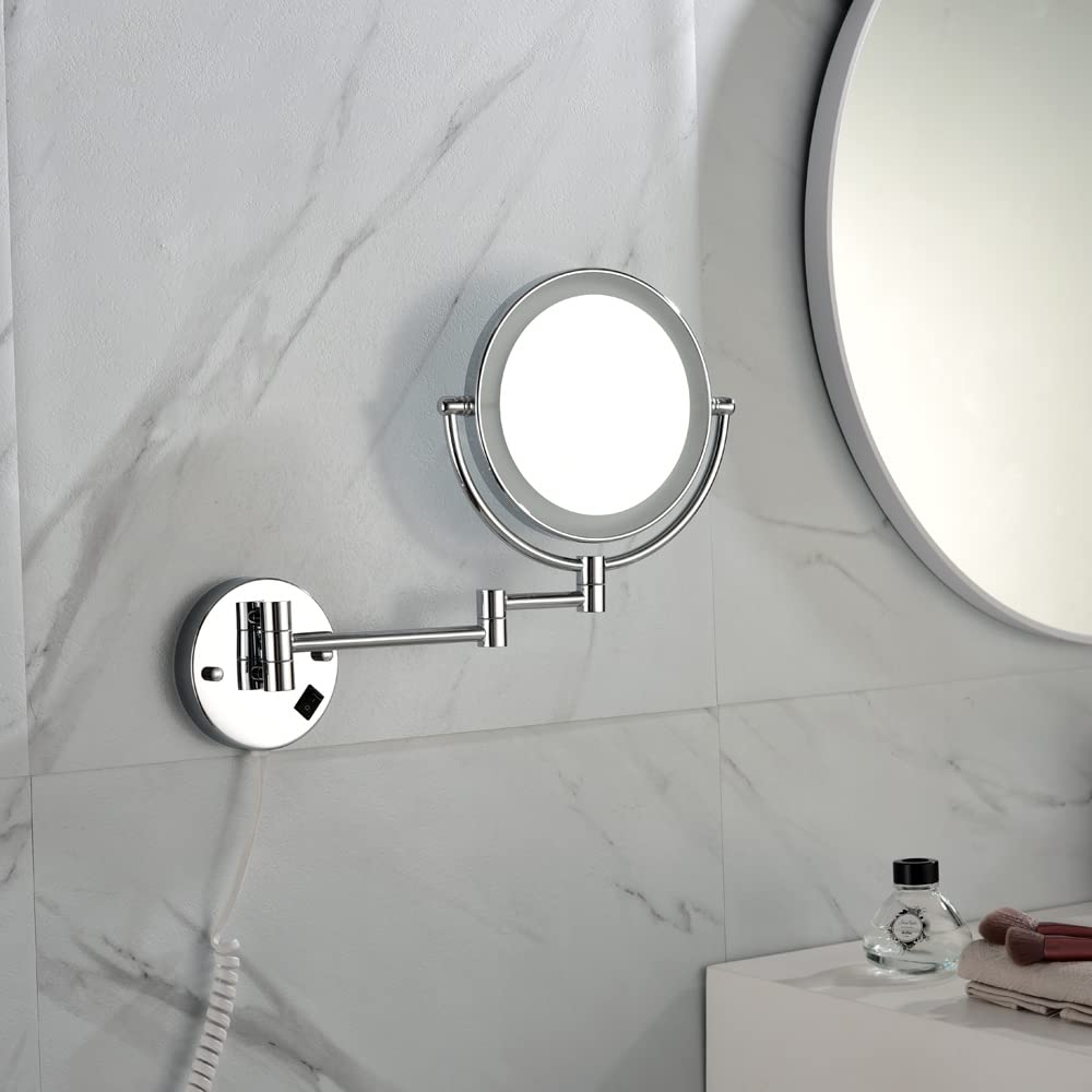 8 Inch LED Wall Mount Two-Sided Magnifying Makeup Vanity Mirror - 12 Inch Extension, 1X/3X Magnification, 360 Degree Rotation, Waterproof, Chrome Finish - Perfect for Shaving, Makeup Application, and Grooming in Bathroom or Dressing Room