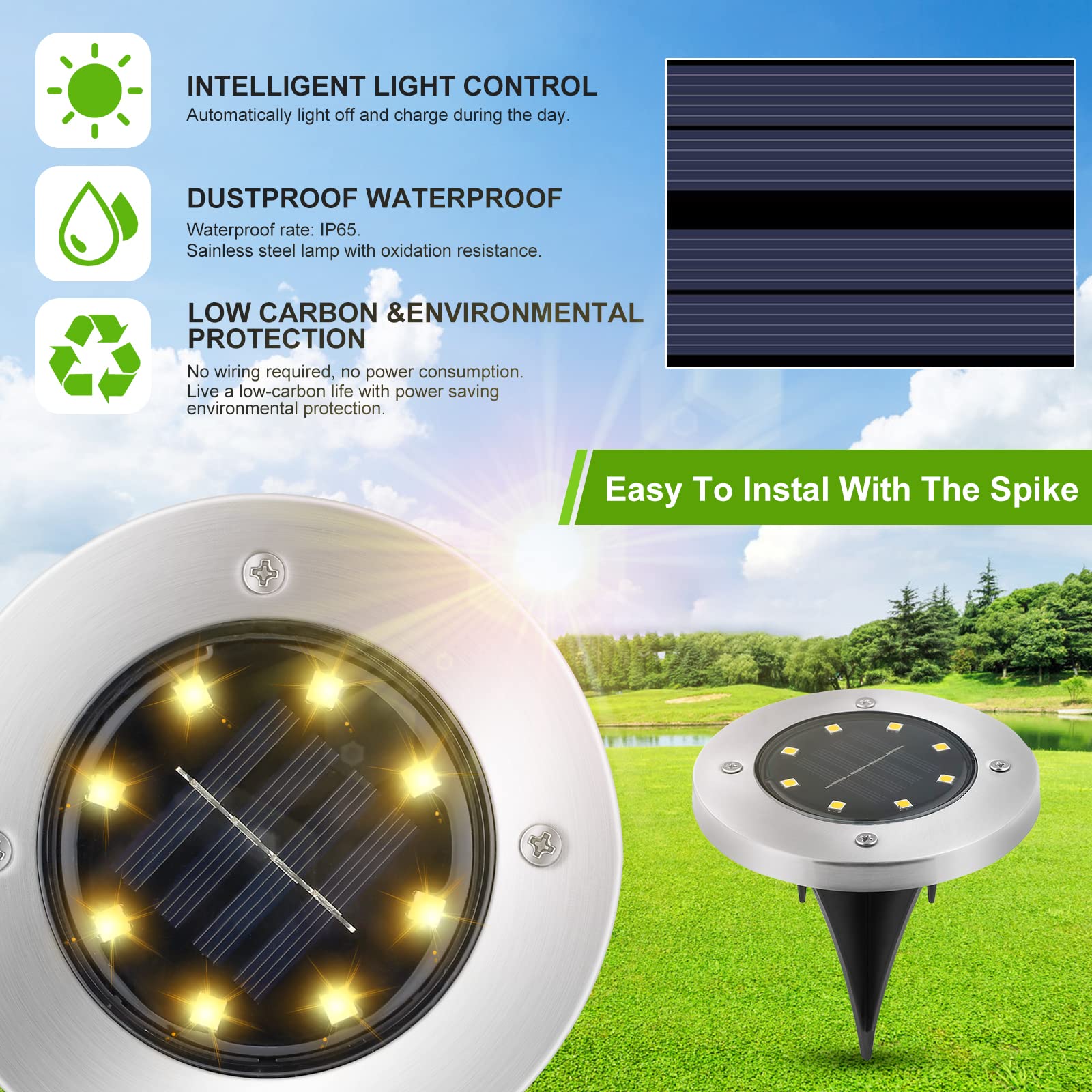 Solar Ground Lights Outdoor Waterproof - 4 Pack 8-LED Solar Disk Garden Path Lights for Pathway, Lawn, Yard, Patio, Driveway & Pool - Warm White Landscape Lighting for Decorative & Safety Use at Night