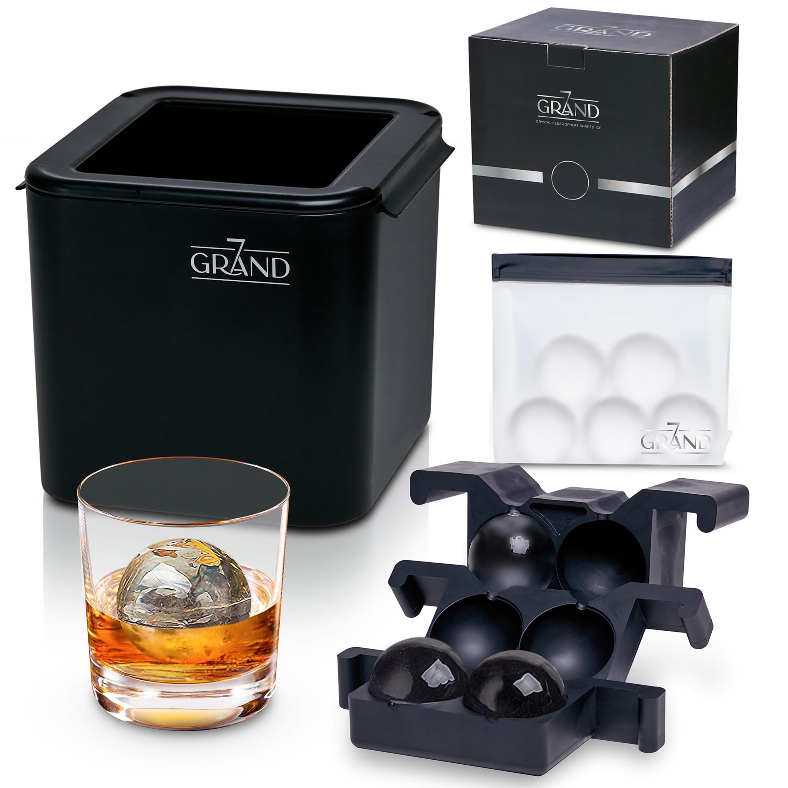 4 Piece Crystal Clear Ice Cube Maker Set - Large Round Ice Ball Mold for Cocktails & Whiskey - Premium Silicone Sphere Ice Trays with Lid - Freezer Safe, BPA-Free, Reusable - Perfect for Home Bars, Parties & Gifts