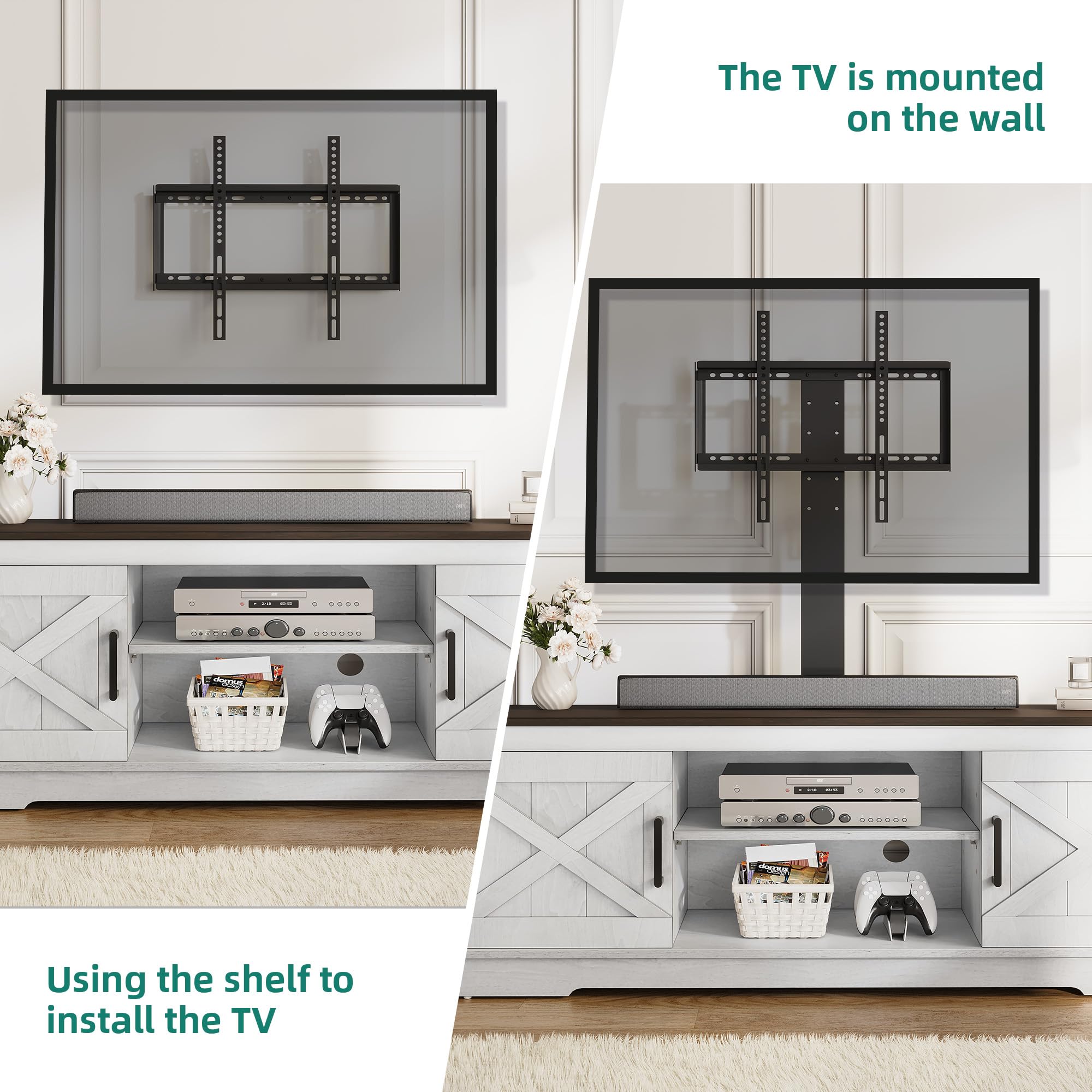 YITAHOME Farmhouse TV Stand with Mount - Sturdy Entertainment Center for 32-70 Inch TVs, Adjustable Shelf Media Console in Grey White/Espresso - Perfect for Living Room, Home Theater & Family Entertainment Spaces