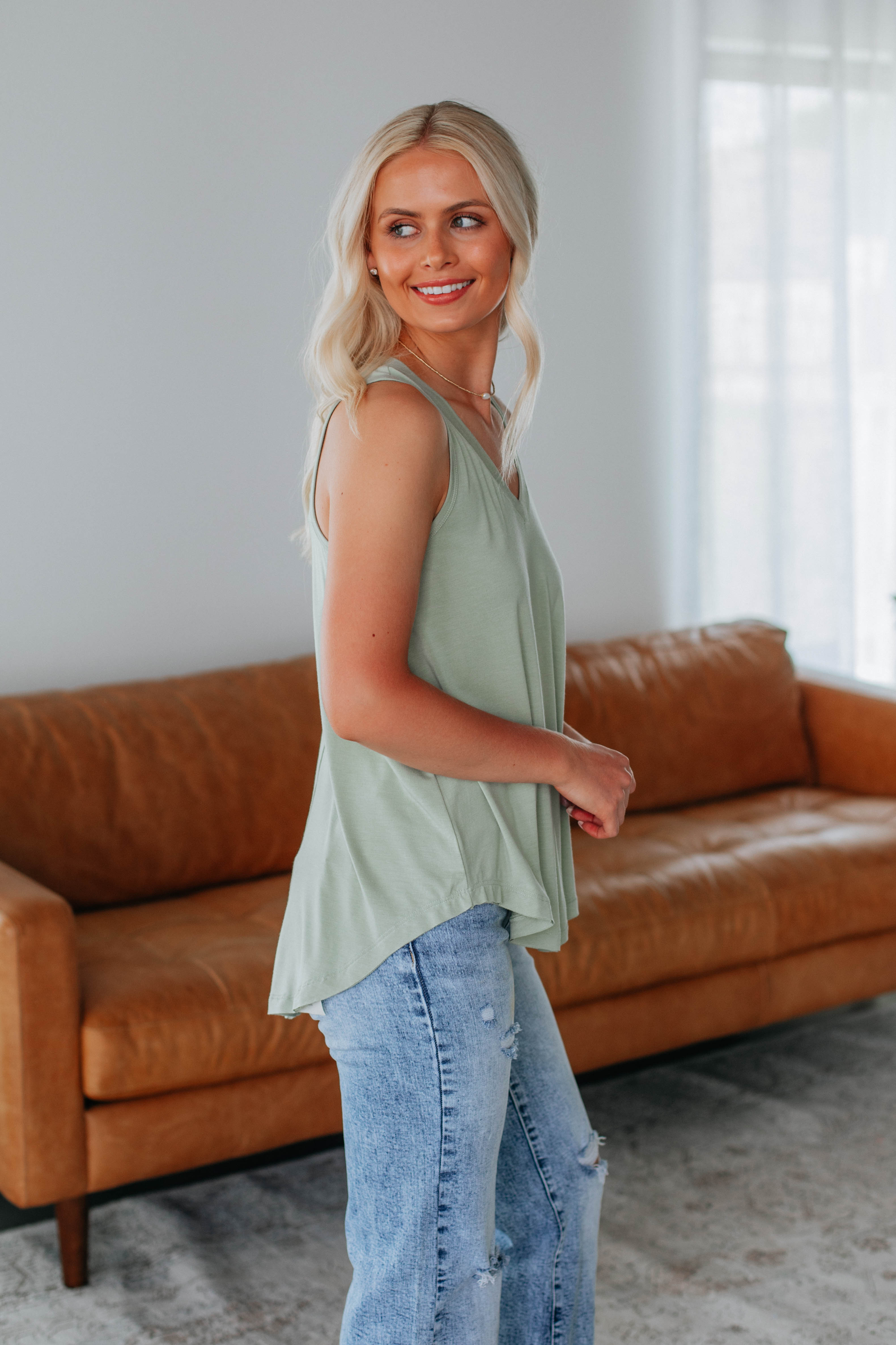 Teyana Tank Top in Sage Green - Women's Casual Sleeveless Shirt for Summer, Yoga, and Beach Wear