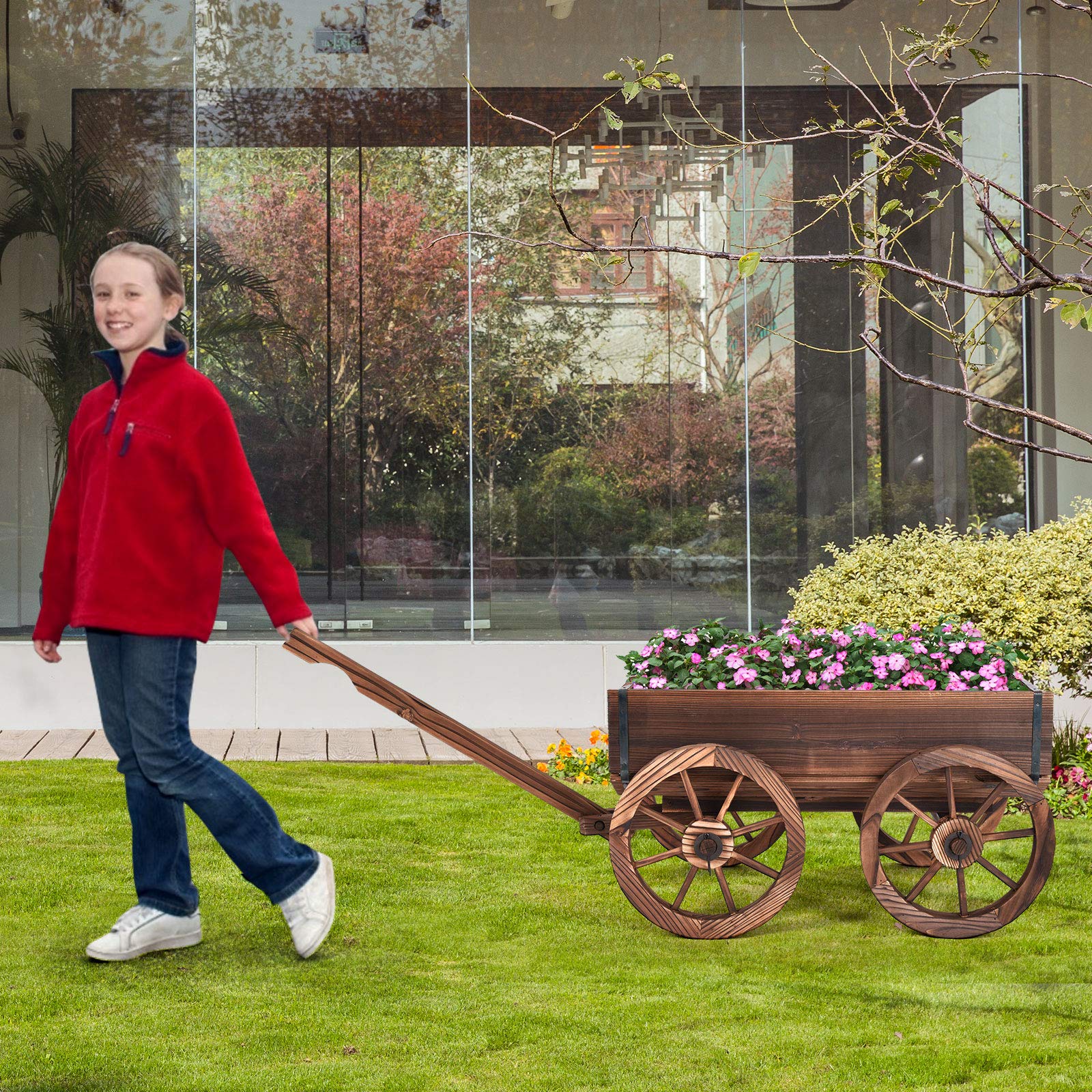 SAFSTAR Wooden Flower Planter Wagon with Wheels - Rustic Rolling Pot Stand for Outdoor Garden Decor - Perfect for Patio, Balcony & Backyard Plant Display