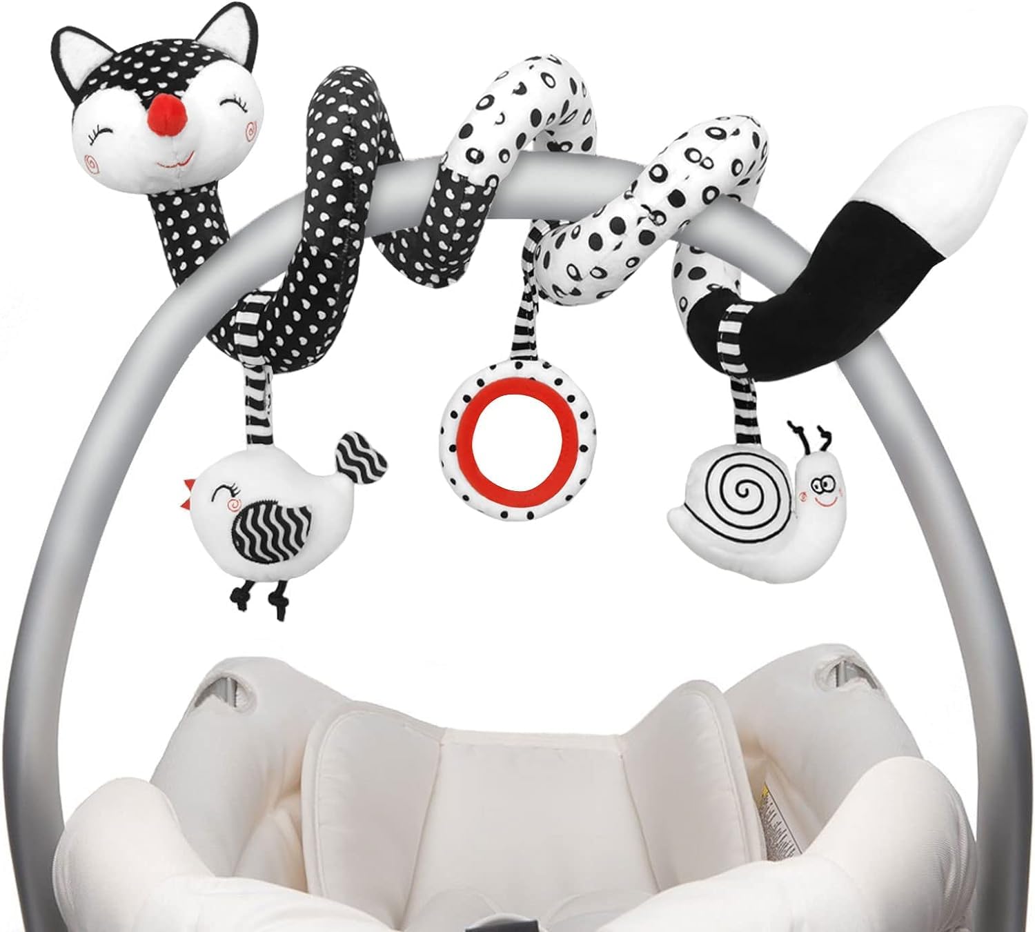 Black & White Spiral Plush Baby Toy - Stretchable Stroller & Car Seat Activity Toy with Rattle, High Contrast Sensory Toy for Newborns 0-12 Months (Fox Design) - Perfect for Crib Mobiles, Tummy Time & Early Visual Development