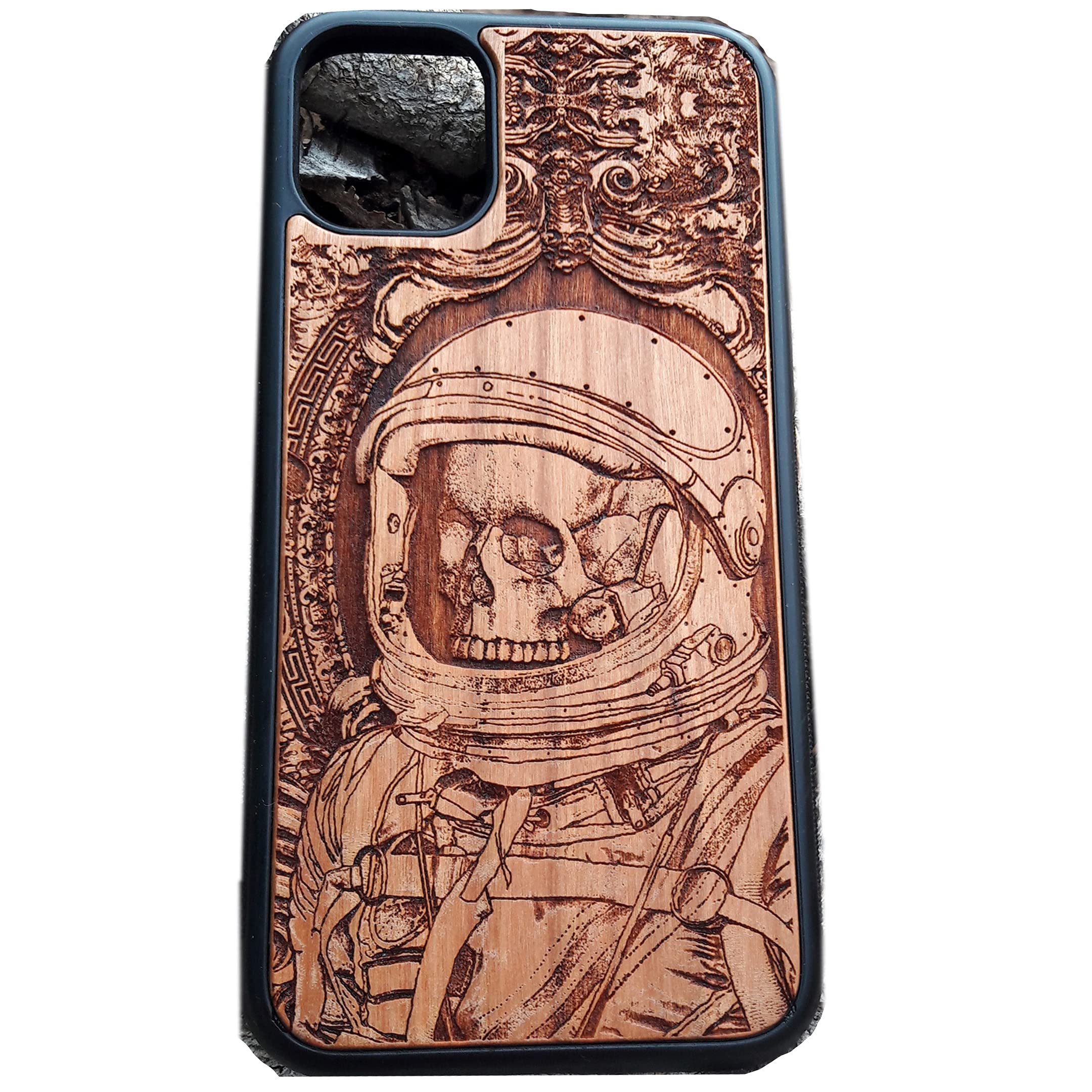 Astronaut Skull Laser Engraved Wooden Phone Case for iPhone 16/15/14/13/12/11 Pro Max Mini & Galaxy S25/S24/S23/S22/S21/S20 Ultra Plus - Eco-Friendly Slim Durable Wood Cover - Perfect for Daily Use, Travel & Gift Giving