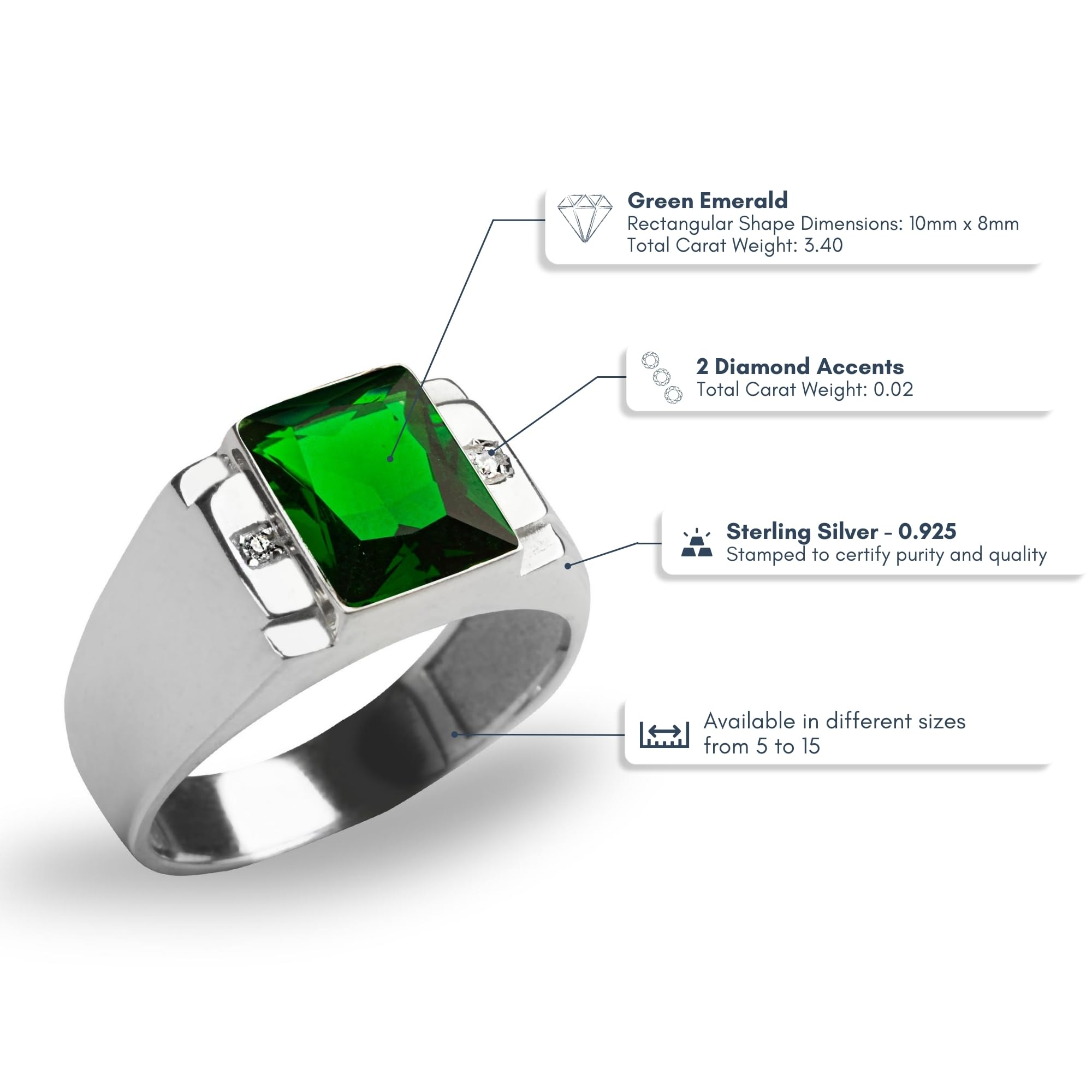 Blake's Sterling Silver Men's Ring with 2 Diamonds & Baguette Sapphire/Emerald/Ruby/Citrine/Amethyst/Topaz Options - Size 5-15 - Fine Jewelry Gift for Him - Perfect for Weddings, Anniversaries & Special Occasions