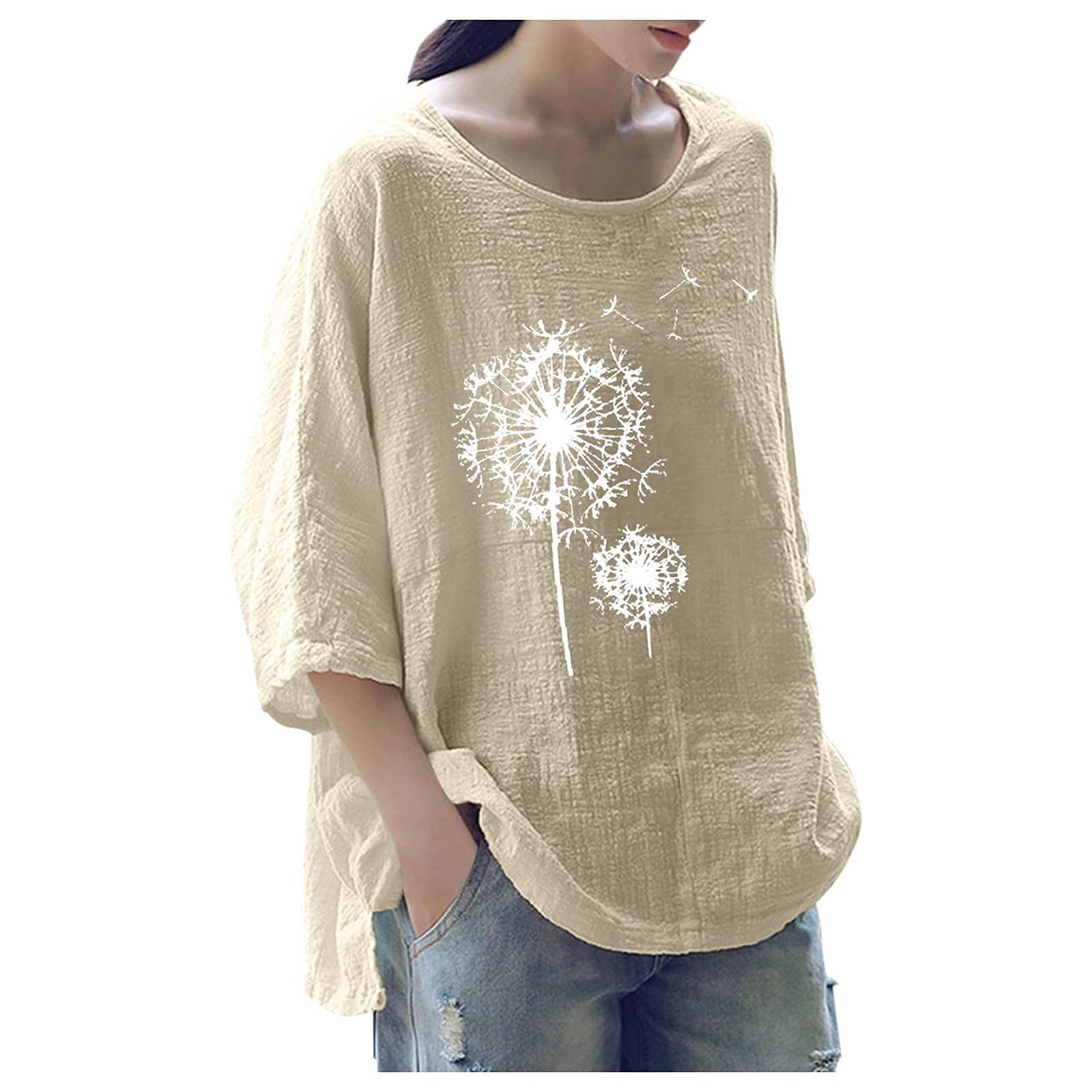 Women's 3/4 Sleeve Cotton Linen Blouse - Casual Crew Neck Loose Fit Tunic Top for Autumn | Perfect for Work, Weekend Outings & Layering