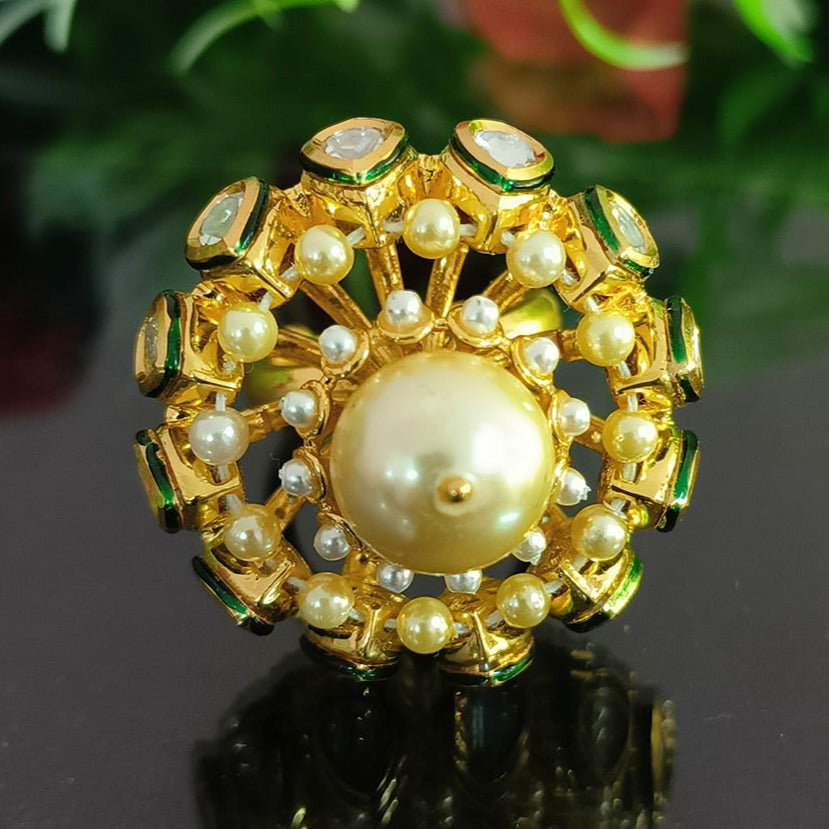 Exquisite Gold Plated Royal Kundan Beaded Ring - Elegant Indian Jewelry for Women | Perfect for Weddings, Parties & Special Occasions