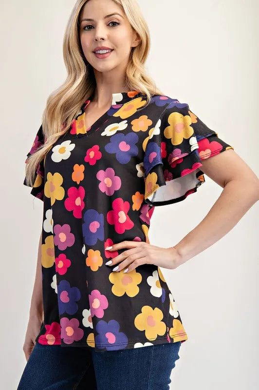 Celeste Bold Floral Print Ruffle Sleeve Blouse for Women | Elegant Party & Date Night Top | Summer Casual & Formal Occasion Wear