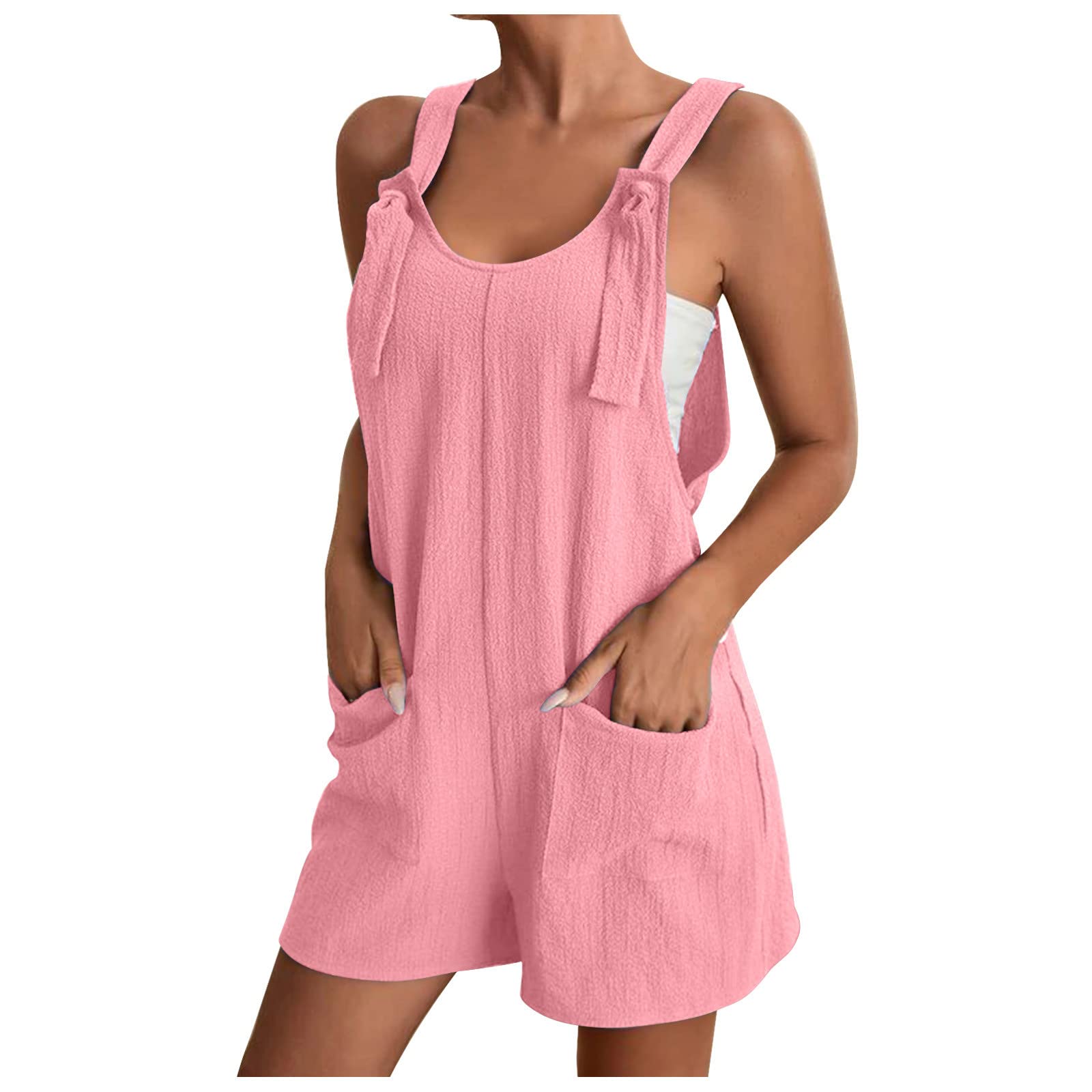Hesxuno Women's Summer Short Rompers 2023 - Casual Sleeveless Tie Knot Strap Jumpsuit Overalls with Pockets | Lightweight & Loose Fit | Perfect for Beach, Vacation, and Outdoor Activities | Prime Lightning Deals