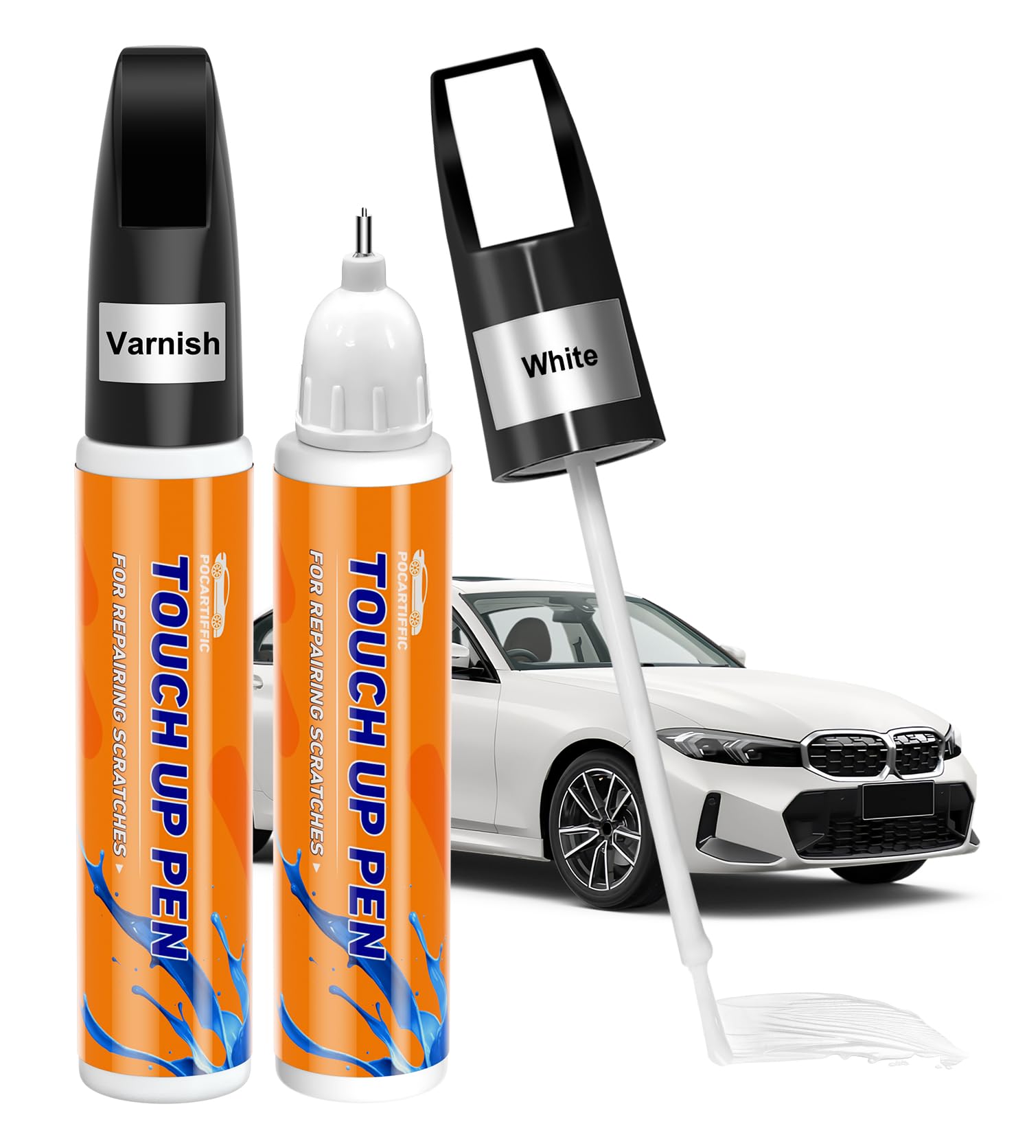 Premium Car Scratch Remover Pen Kit - 2pcs (White Paint + Varnish) - Automotive Touch Up Paint for Scratches on Rims, Wheels & Body - Perfect for DIY Car Scratch Repair at Home or On The Go