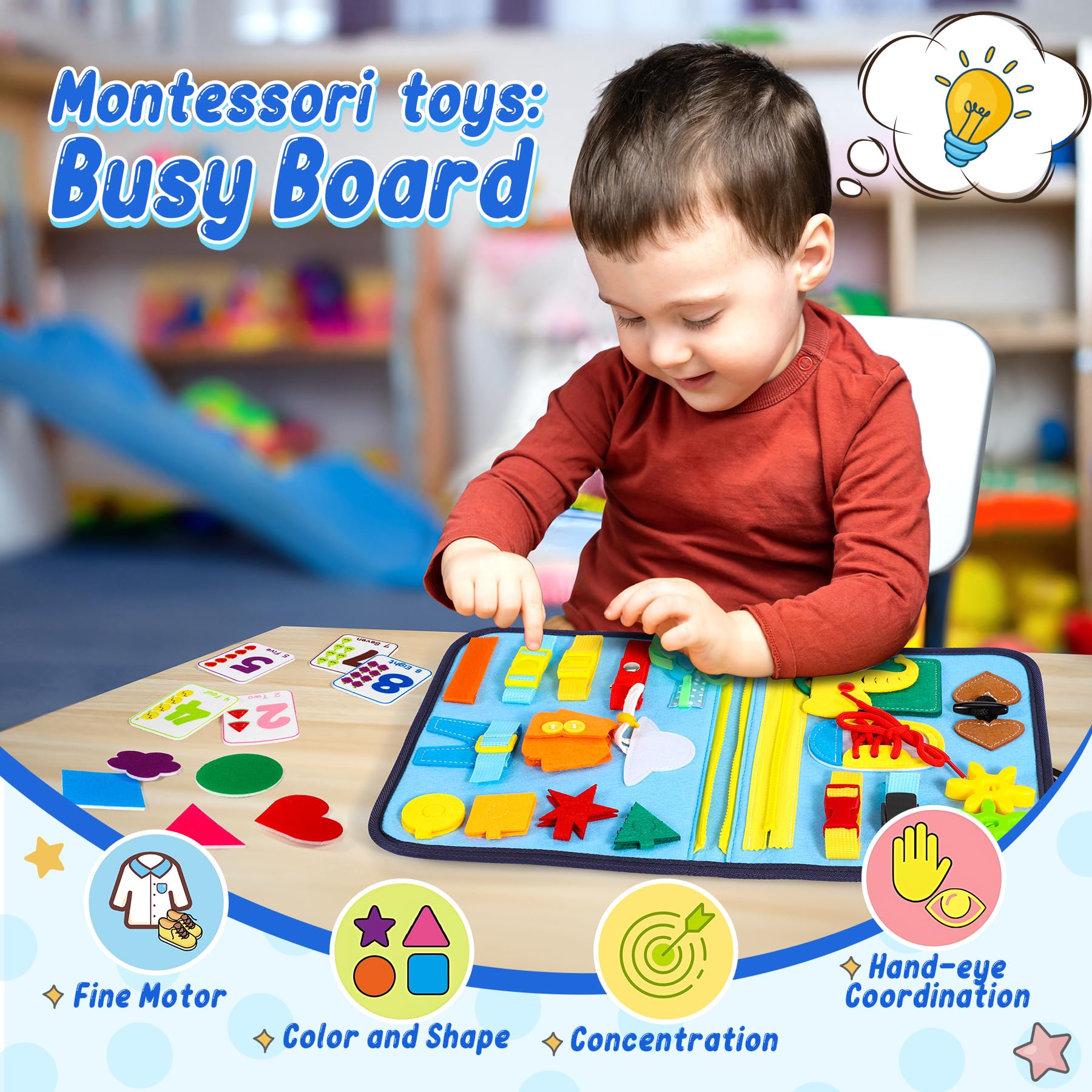 STARRYBB Montessori Busy Board for Toddlers 1-4 Years Old - Sensory Learning Toy for Boys & Girls, Educational Travel Activity Book for Airplane & Car Rides - Perfect Preschool Gift for Kids