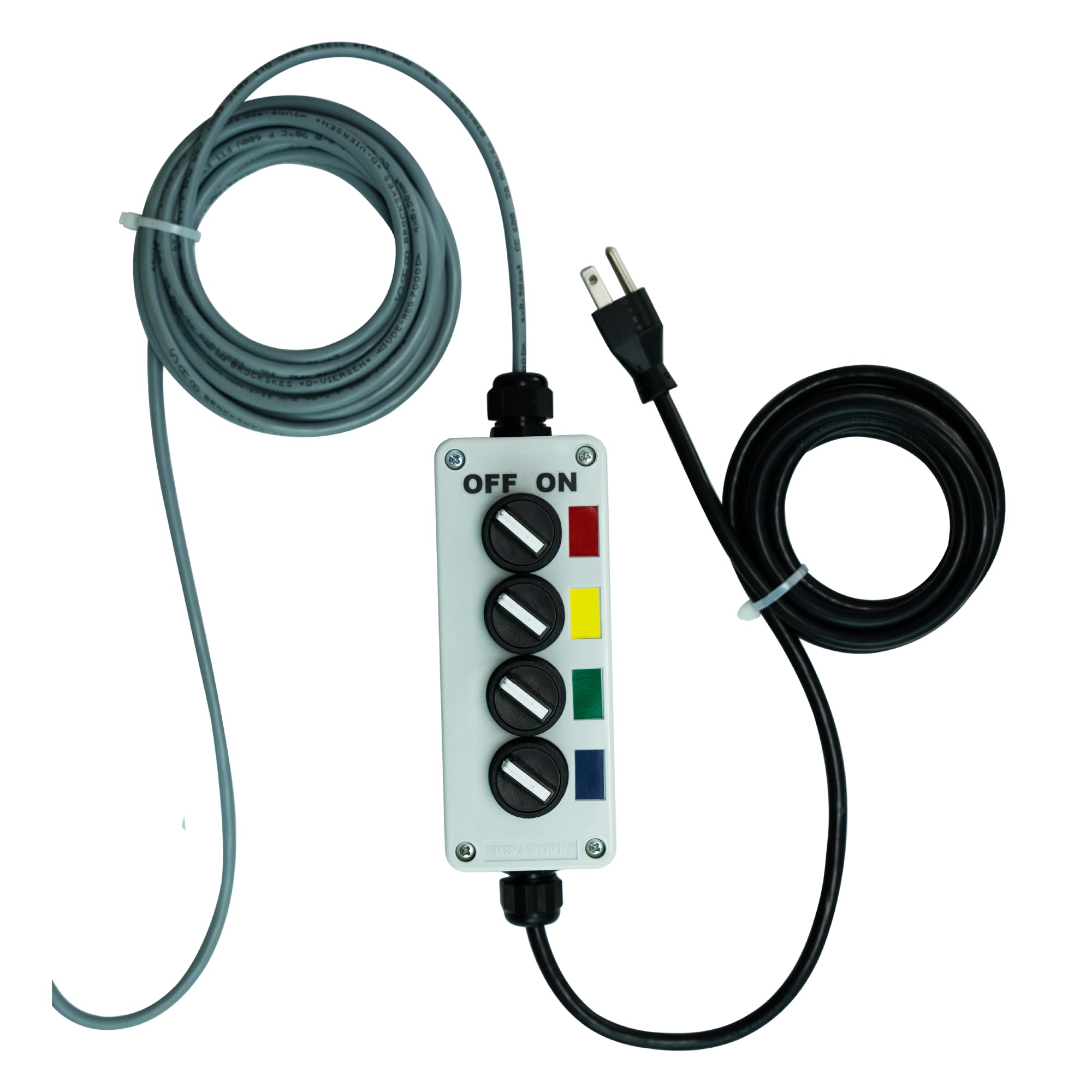 Signaworks 4 Stack Super Bright LED Andon Tower Light - Red/Amber/Green/Blue with 10ft Extended Cable & 4 Switch Box | Plug & Play Ready | 8ft Industrial Power Cord | Made in USA | Perfect for Factory Automation, Warehouse Alert Systems & Industrial Safety Signaling