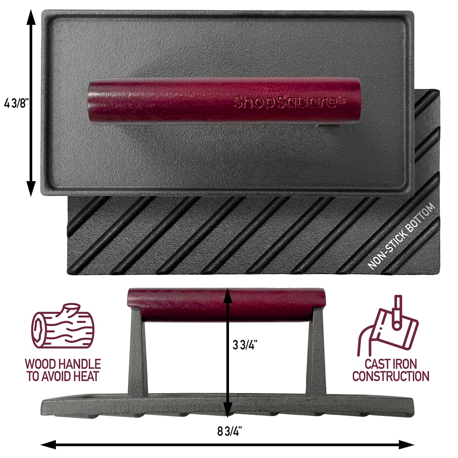 Heavy Duty Cast Iron Grill Press - 8 x 4 Inch Griddle Weight with Cool-Touch Wood Handle - Pre-Seasoned Non-Stick Steak Press for Burgers, Paninis & Sandwiches - Perfect for BBQ, Grilling & Indoor Cooking