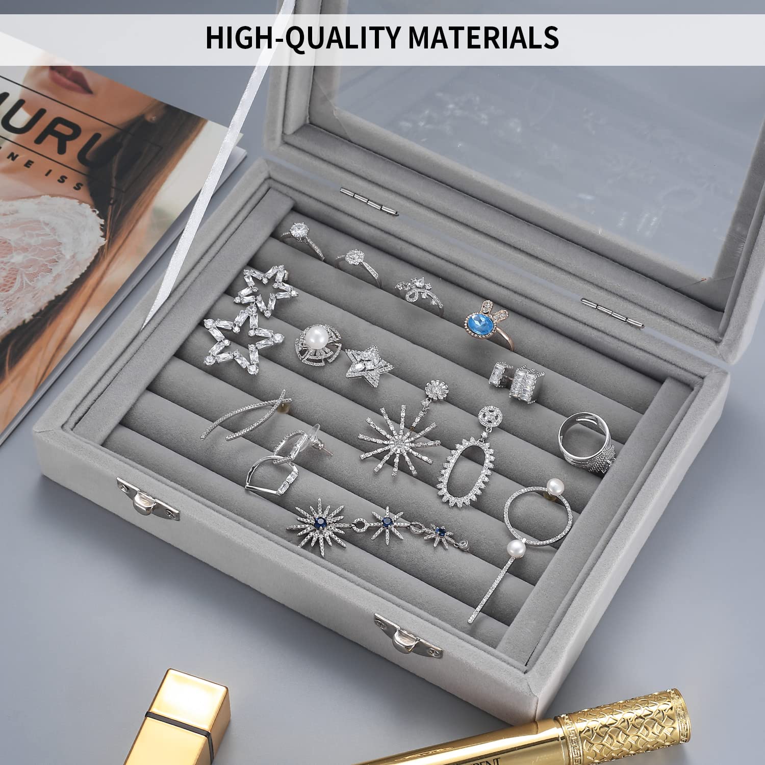 Luxury Velvet Jewelry Box with 7 Slots - Elegant Ring Organizer & Jewelry Display Case for Women - Perfect for Travel, Home Storage & Gift Giving - Necklace, Earring & Ring Holder Showcase Box