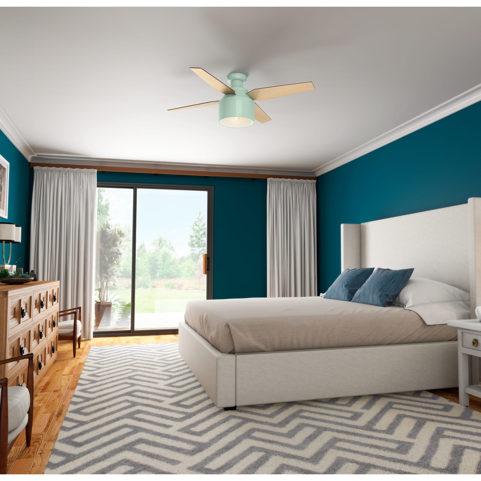 Hunter 52 Inch Cranbrook Low Profile Mint Ceiling Fan with Light Kit - Energy Efficient Indoor/Outdoor Ceiling Fan for Bedroom, Living Room, Patio - Quiet DC Motor, Remote Control Included
