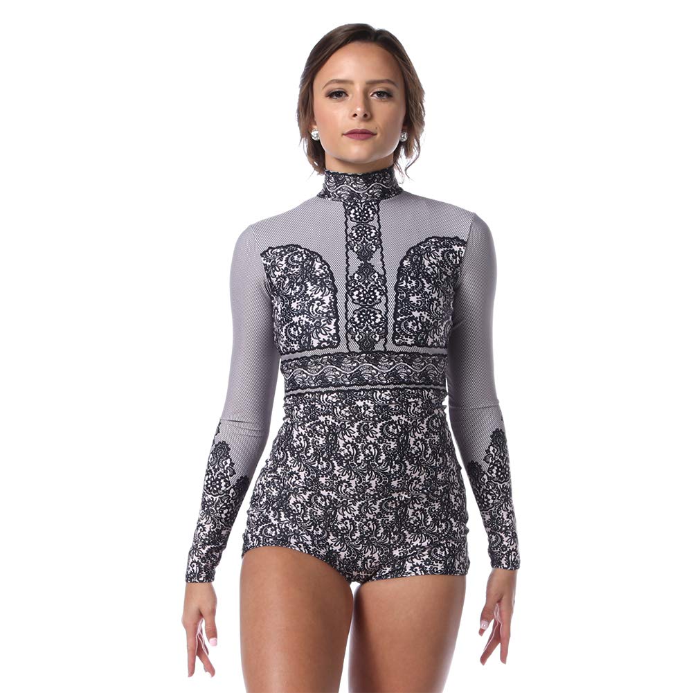 Women's Dark Romance Long Sleeve Dance Costume Biketard - Gothic Ballet Bodysuit for Contemporary Dance, Aerial Yoga & Performance
