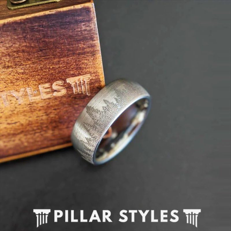 Men's Silver Tungsten Wedding Band - Unique Tree Ring Design, 8mm/6mm Width, Nature Inspired Forest Etching - Durable & Scratch Resistant Jewelry for Outdoor Enthusiasts | Perfect Gift for Him, Anniversary, or Nature Lover