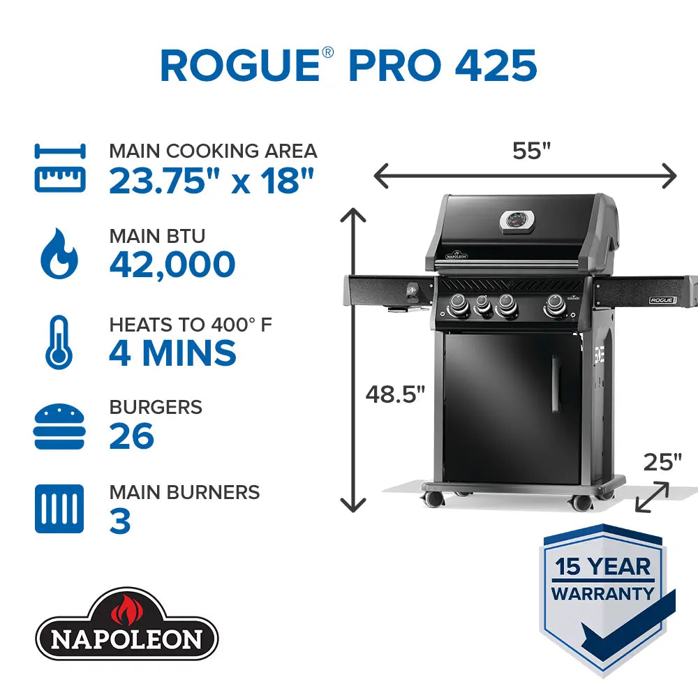 Napoleon Rogue PRO 425 3-Burner Propane Gas Grill with Infrared Side Burner - Black | Outdoor BBQ Grill for Backyard, Patio & Tailgating