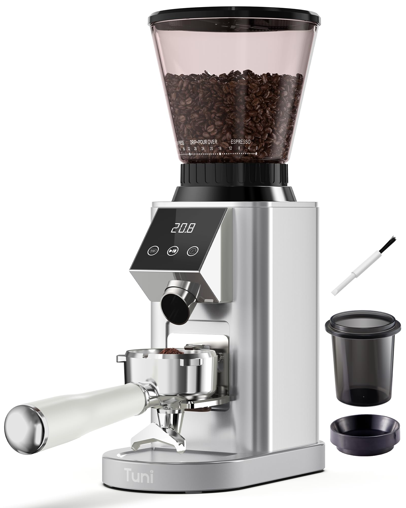 Premium Tuni G1 Conical Burr Coffee Grinder - 48 Adjustable Grind Settings, Anti-Static Technology, Precision Timer & LED Touchscreen - Perfect for Espresso, Drip, Cold Brew & French Press - Stainless Steel Silver - Ideal for Home Baristas & Coffee Enthusiasts