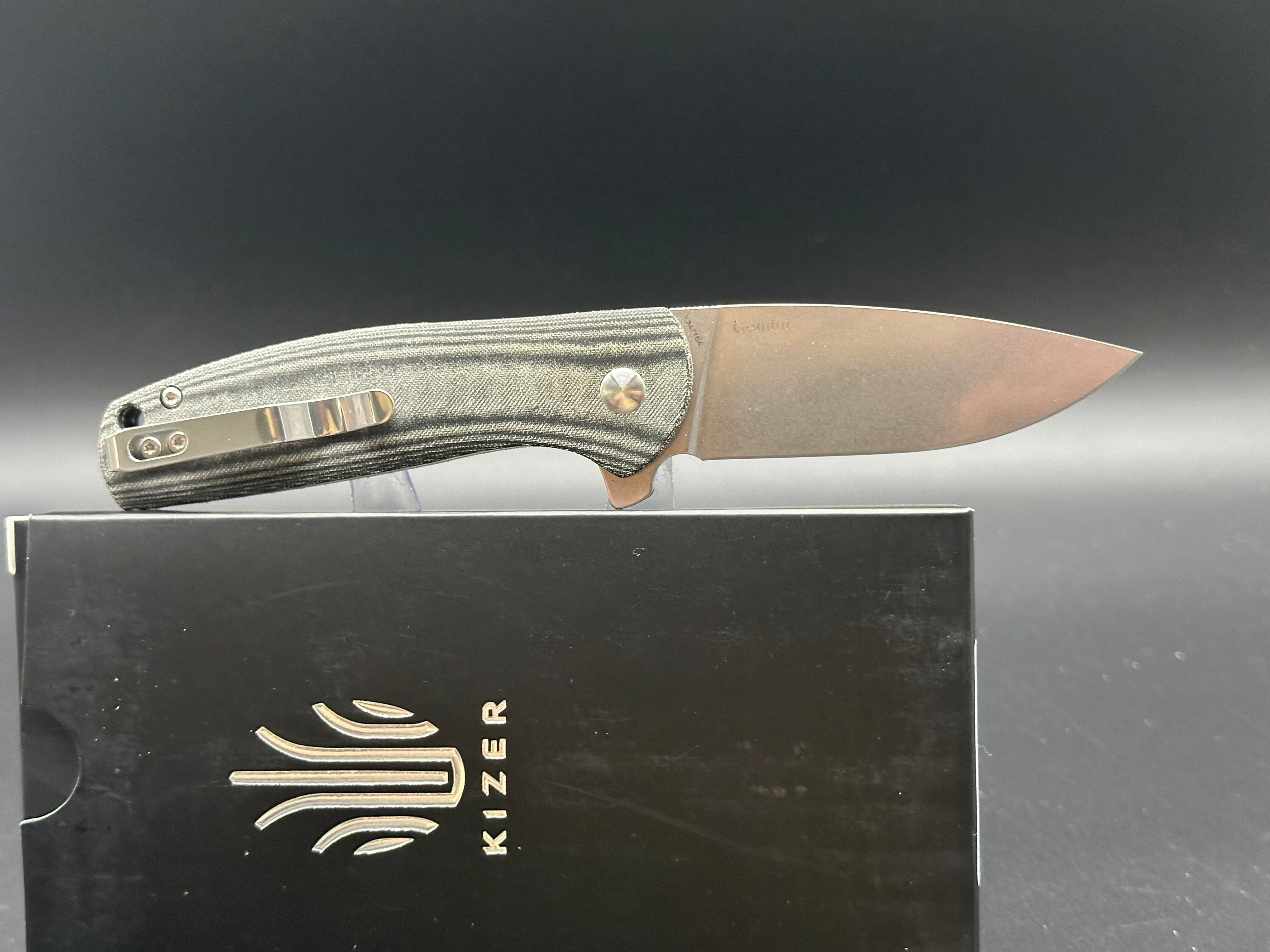 Kizer Cutlery Vanguard Ray Laconico Gemini Button Lock Flipper Knife - CPM 4V Steel Blade, Black Linen Micarta Handles - EDC Pocket Knife for Outdoor, Camping & Everyday Carry