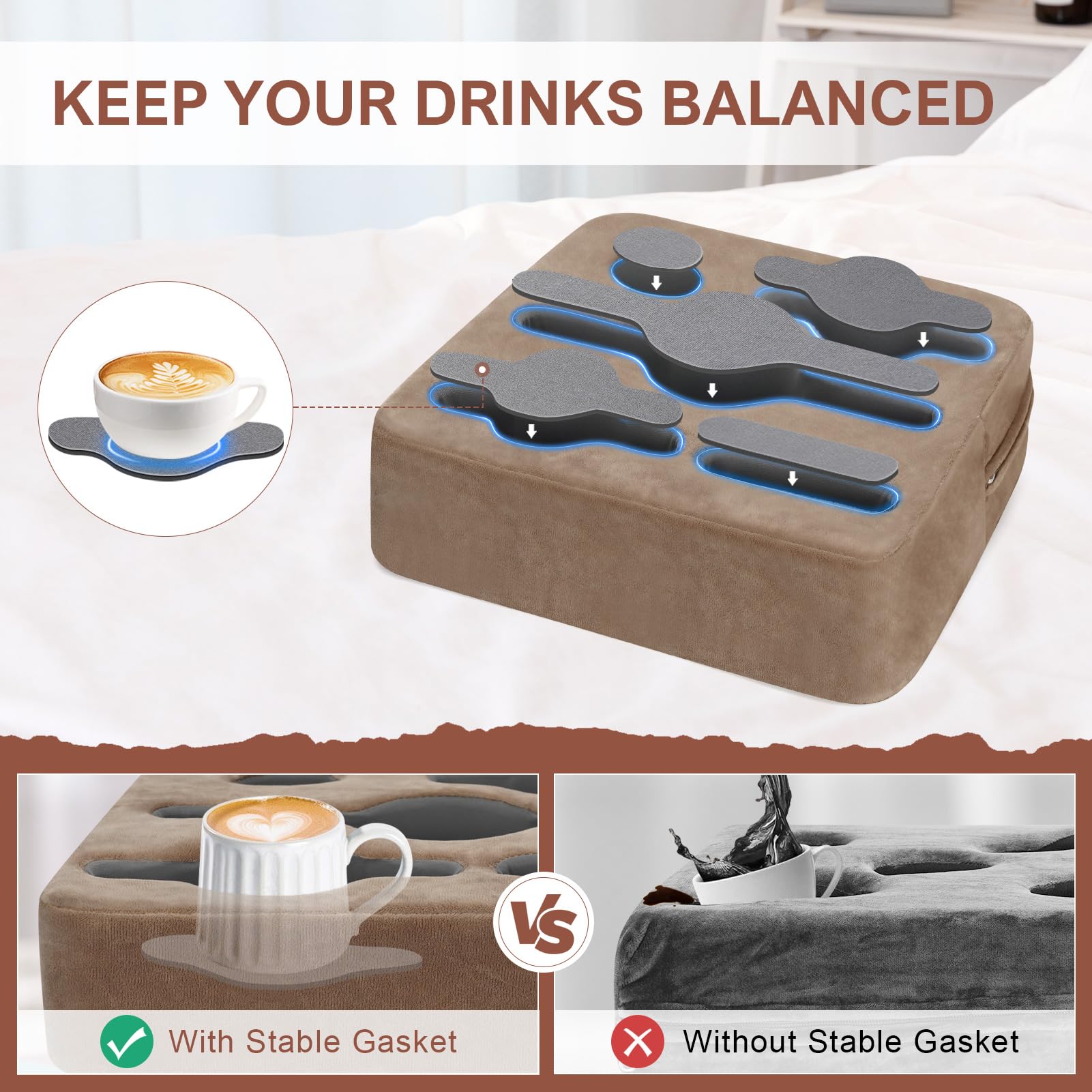 **Premium Couch Cup Holder Pillow - Sofa Armrest Organizer with Storage Pockets for Drinks, Phone, Remote, Snacks & Headphones | Multi-Use for Living Room, Car, RV, Beach & Travel (Light Brown)**