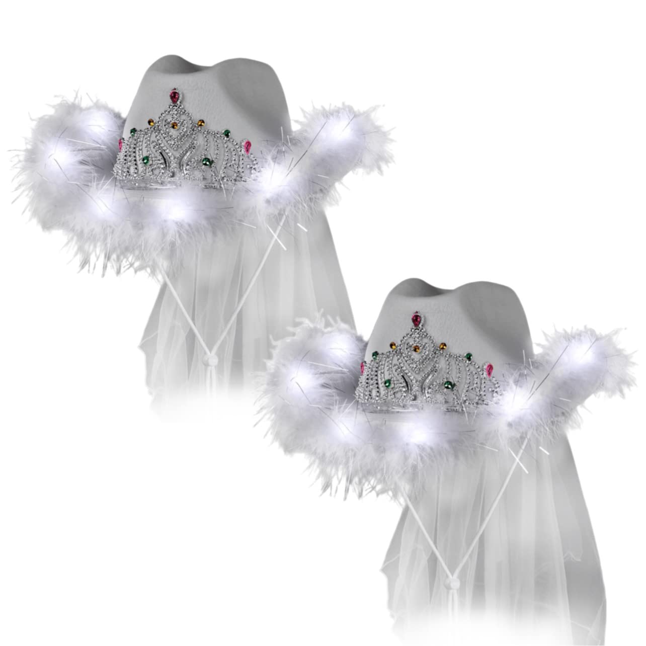 Blinkee 2 Pack Light Up White Tiara Bridal Cowgirl Hats with Veil - Perfect for Bachelorette Parties, Weddings & Western Themed Events