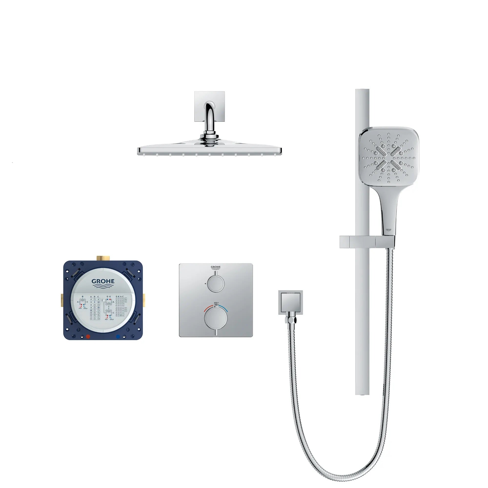 GROHE RAINSHOWER GrohTherm 2 Handle Thermostatic Single Function Square Shower Kit - Modern Bathroom Shower System for Spa-Like Experience at Home