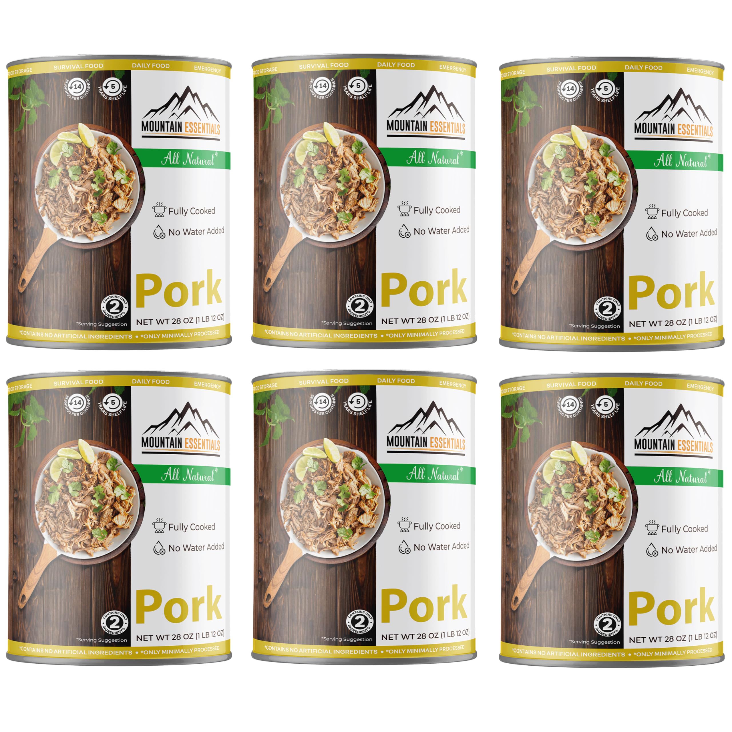 MOUNTAIN ESSENTIALS All Natural Canned Pork 28 Oz - Fully Cooked Ready to Eat Premium Meat for Emergency Survival, Backpacking & Camping | Shelf Stable Food Storage | Great for Meal Prep & Outdoor Adventures | Pack of 6