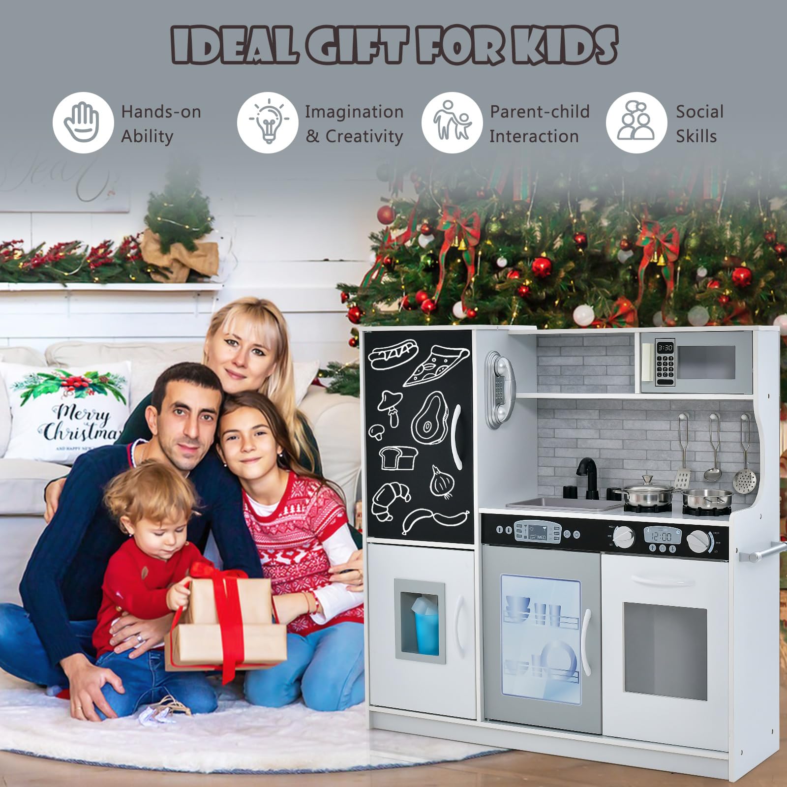 Costzon Wooden Kids Kitchen Playset with Blackboard, Telephone, Microwave & More - Pretend Play Kitchen Toy for Toddlers & Preschoolers Ages 3+ (Grey) | Perfect for Role Play, Birthday Gifts & Early Learning Development