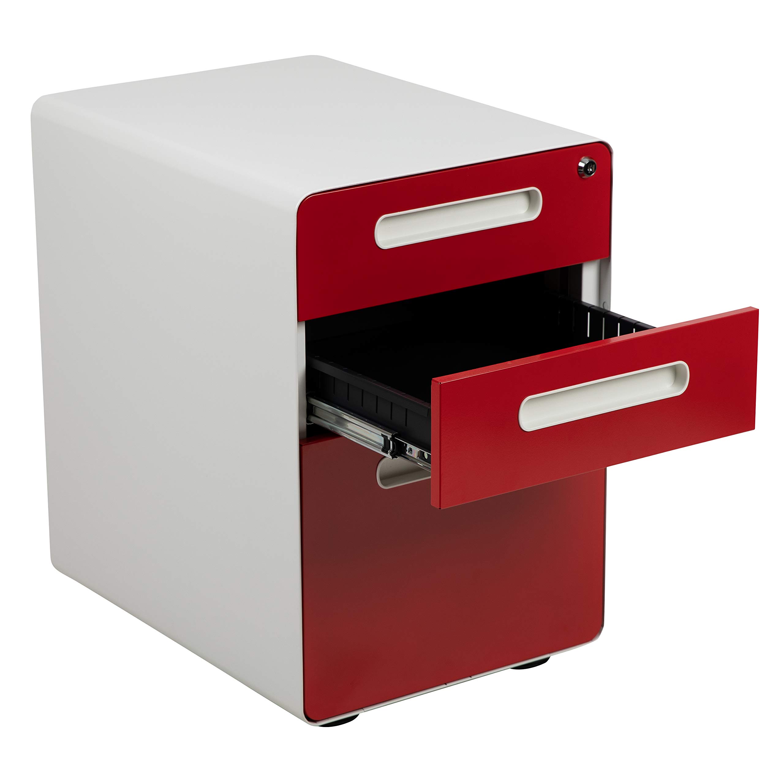 Ergonomic 3-Drawer Mobile Locking Filing Cabinet - White with Red Faceplate | Secure Office Storage Solution for Documents & Files | Perfect for Home Office, Workplace & Business Organization
