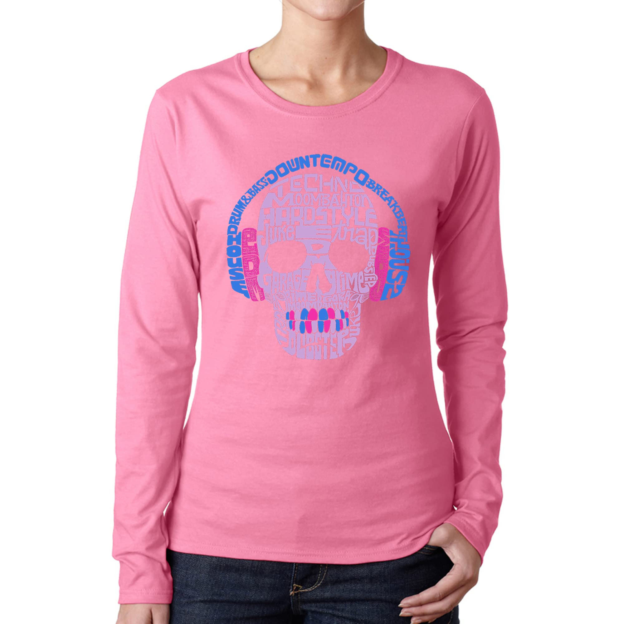 LA POP ART Women's Word Art Graphic Long Sleeve T-Shirt | Trendy EDM Music Festival Tee | Perfect for Concerts, Raves & Casual Wear