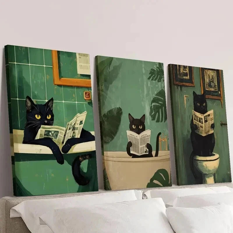 3-Piece Black Cat Canvas Wall Art Set - Framed 50x70cm Prints | High Quality Australian Made Ready-to-Hang Decor for Living Room, Bedroom & Office