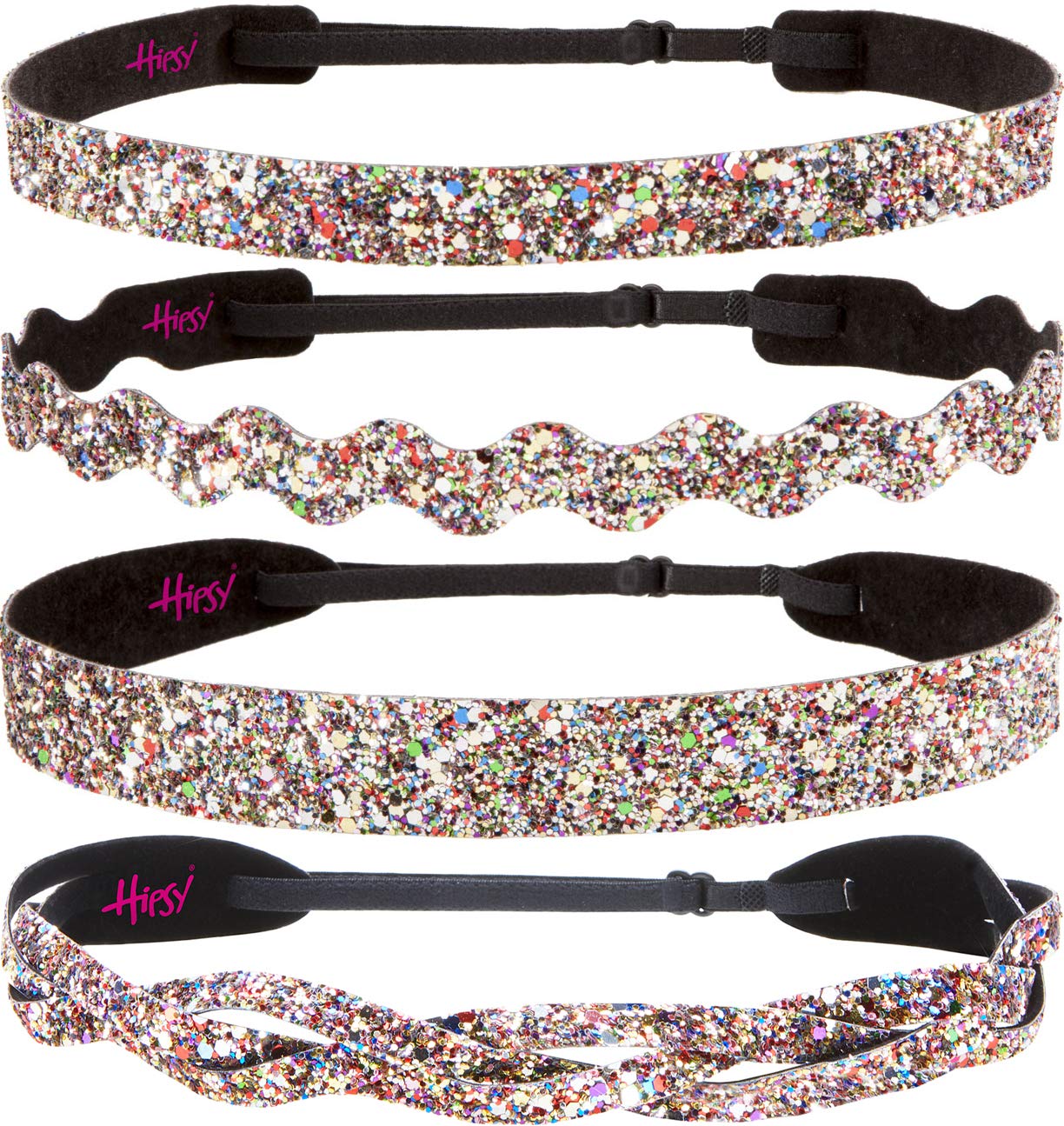 Sparkly Adjustable No-Slip Headbands for Women, Girls & Teens - 4 Pack Mixed Bling Glitter Confetti Headbands - Perfect for Sports, Workouts, School & Everyday Fashion