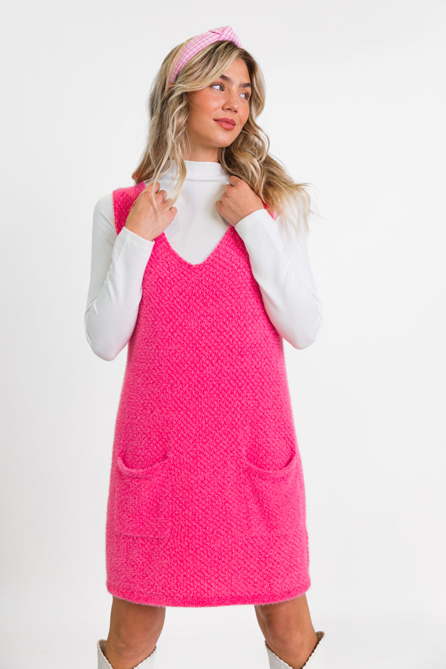 Hot Pink Pocket Front Tank Sweater Dress for Women - Cozy Knit Pullover Tunic with Pockets - Perfect for Casual Outings, Date Nights & Fall Layering
