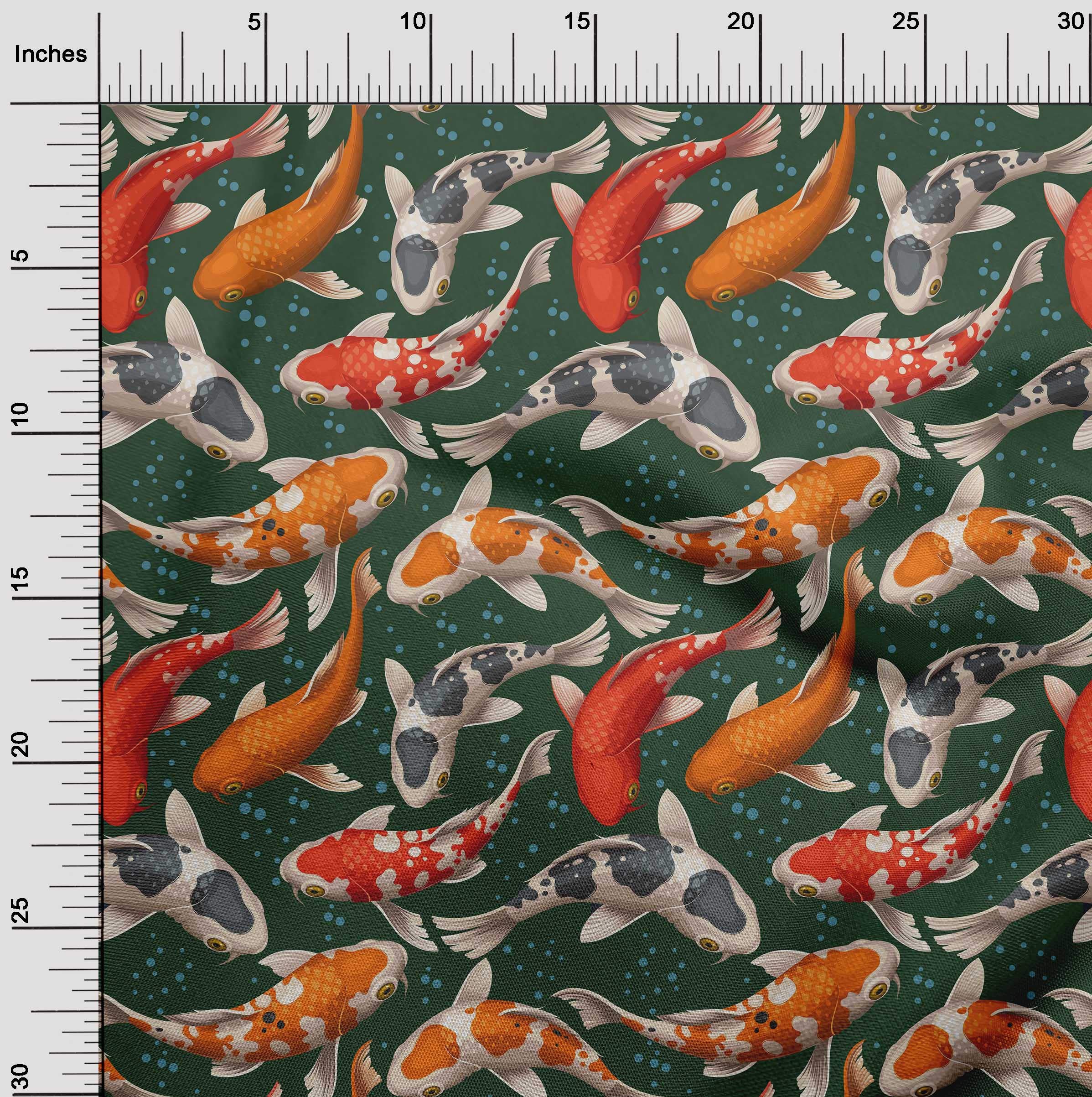 oneOone Cotton Poplin Dark Green Fabric - Bubbles & Koi Fish Ocean Print DIY Sewing Material (56