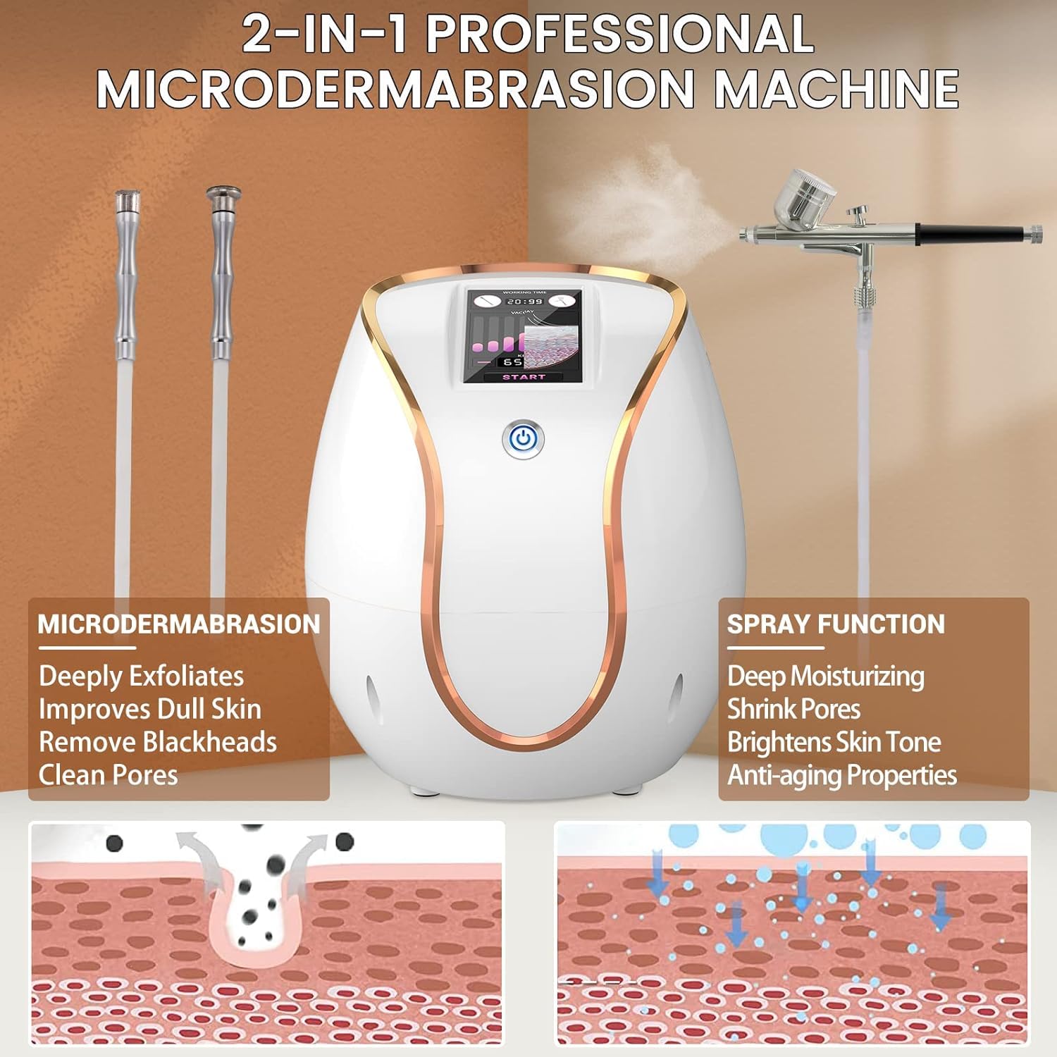 Professional Diamond Microdermabrasion Machine with Touch Screen for Facial Skin Care - 68cmHg Suction Power, Includes Spray Gun, 350 Cotton Filters, Tips & Wands - Perfect for Spa, Salon & At-Home Skin Rejuvenation Treatments