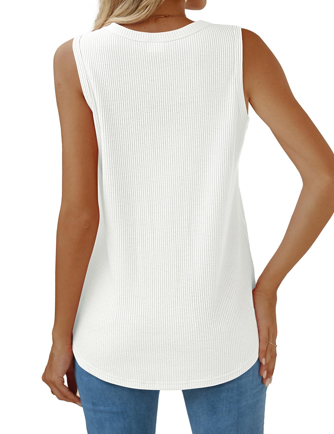 WIHOLL Women's Soft Waffle Knit Crewneck Tank Top - Loose Fit Curved Hem Cotton Beachwear | Casual Summer Outfits, Vacation Essentials & Trendy Streetwear