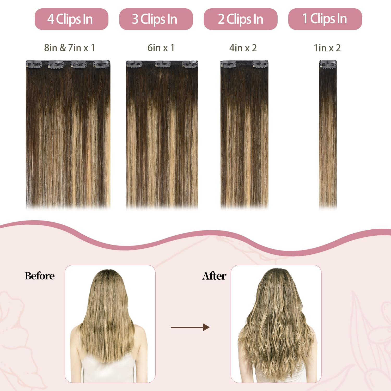 HUAYI 100% Real Human Hair Extensions - 22 Inch Ombre Medium Brown to Caramel Blonde Balayage Clip-Ins (120g) #4/27/4 | Women's Hair Extensions for Volume & Length | Perfect for Parties, Weddings & Daily Styling