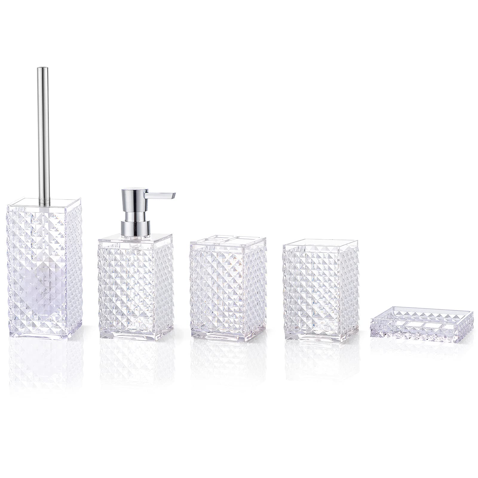 6-Piece Clear Acrylic Bathroom Accessories Set - Toothbrush Holder, Cup, Soap Dispenser, Toilet Brush Set & Soap Dish | Modern Bathroom Decor | Housewarming Gift for New Home, Apartment or Dorm