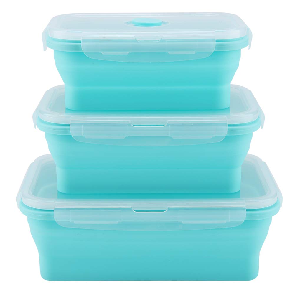 350ml/500ml/800ml Portable Silicone Lunch Box Set - Collapsible, Microwave Safe Food Storage Container for Work, School & Picnic (Green) | BPA Free, Leak Proof Lunch Box for Adults & Kids
