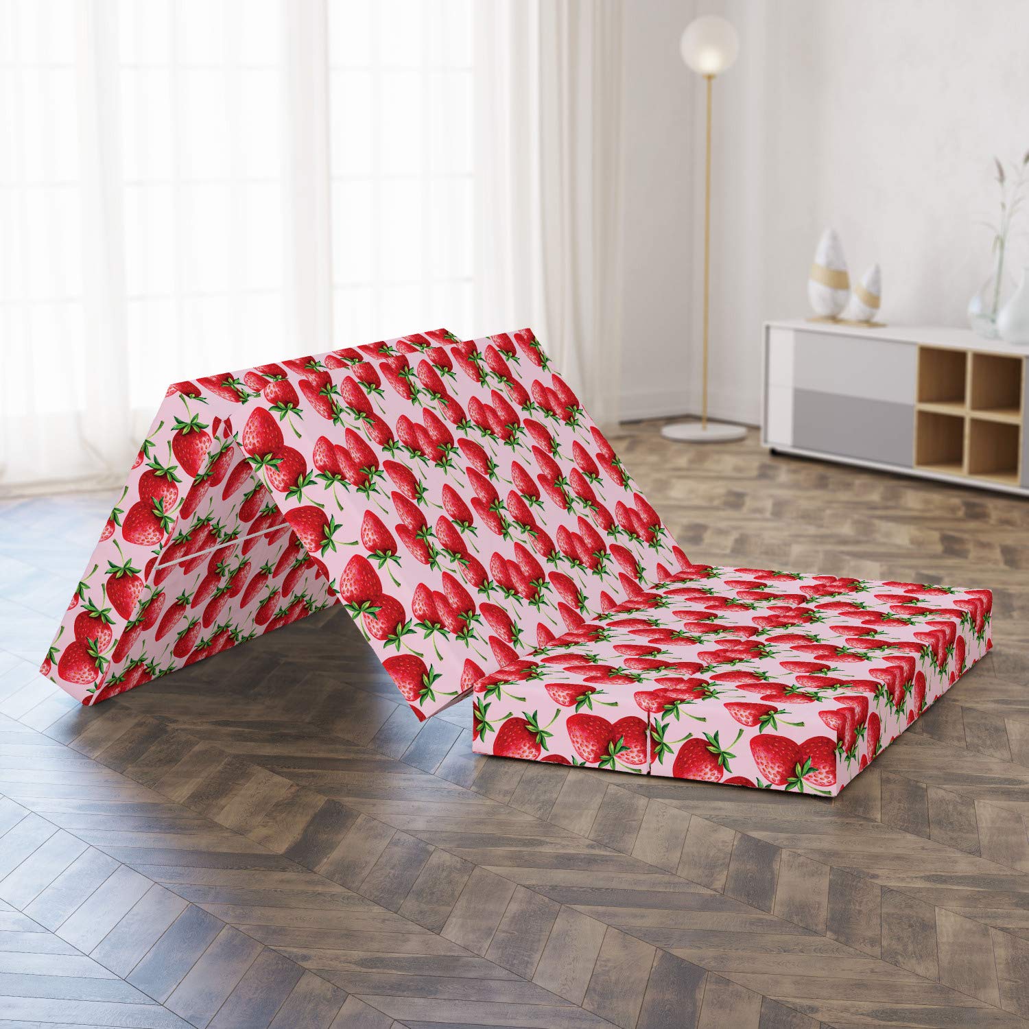 Ambesonne Red Foldable Mattress with Juicy Strawberries Print - 78.7