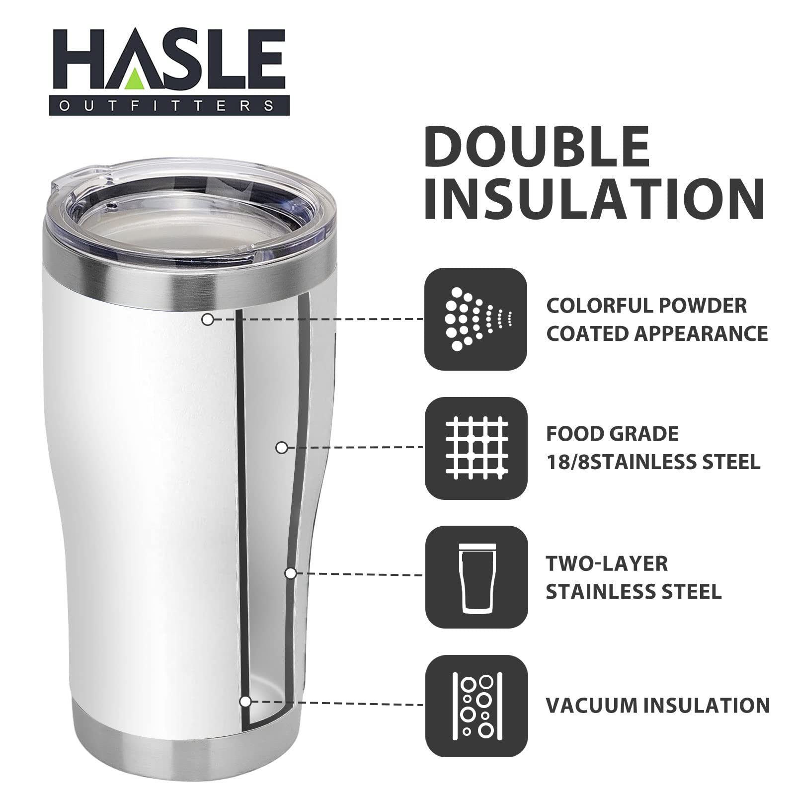 HASLE OUTFITTERS 20 oz Stainless Steel Tumbler with Lid - 6 Pack Vacuum Insulated Double Wall Powder Coated Coffee Cups (White) - Perfect for Office, Travel, Camping & Outdoor Activities