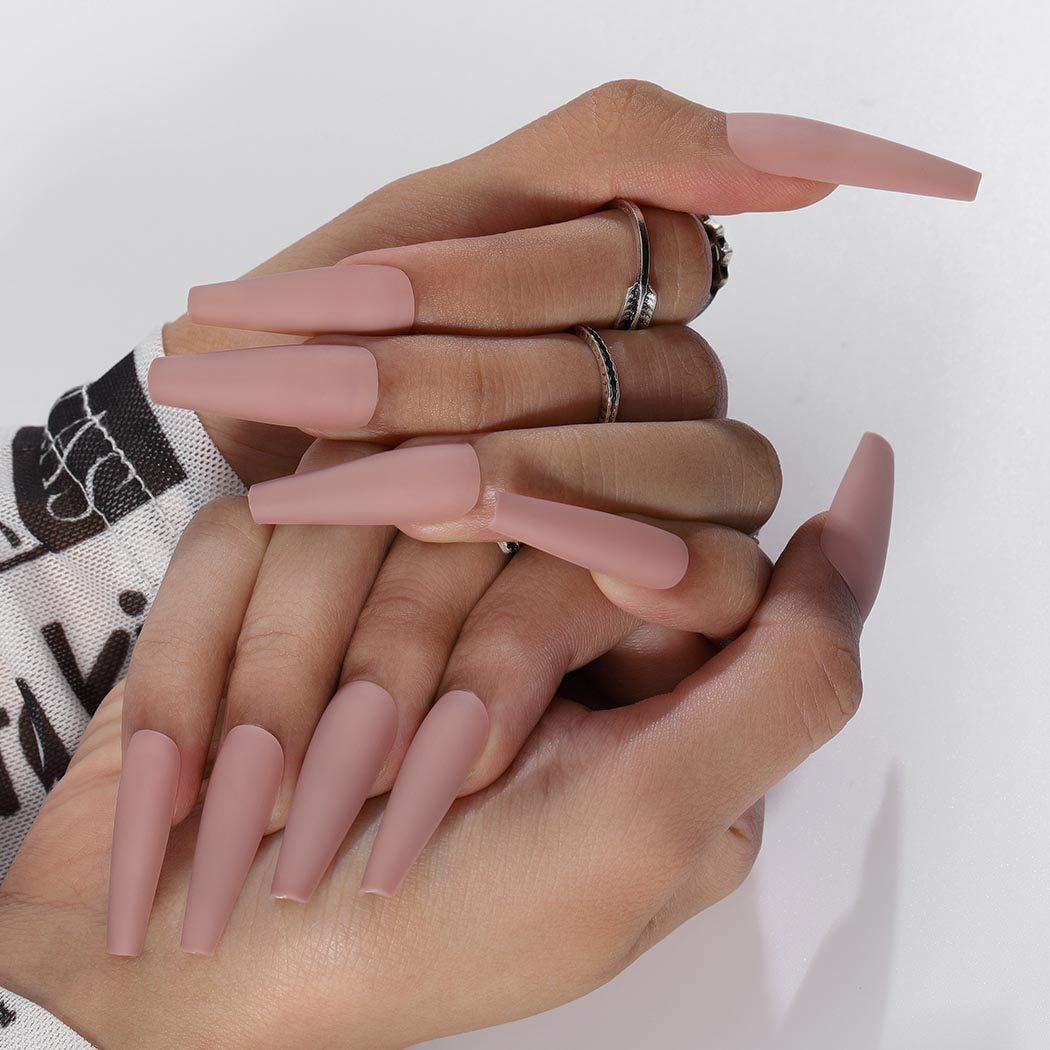96Pcs Matte Extra Long Press-On Nails - Ballerina Coffin Fake Nails Set, Full Cover Acrylic False Nails for Women & Girls (Pink, Nude, White, Orange) - Perfect for Parties, Weddings, and Daily Wear