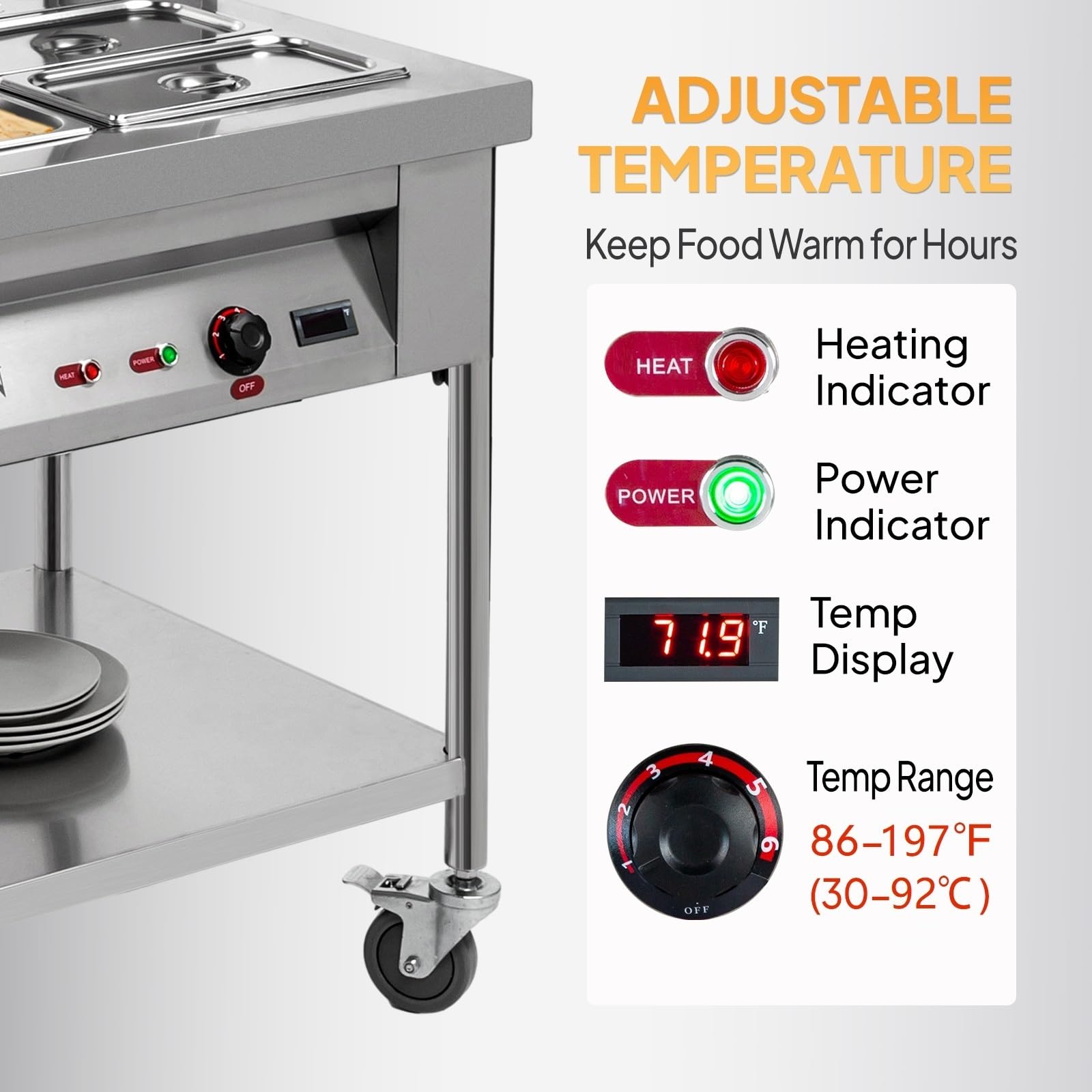 ROVSUN 72QT 1500W Commercial Electric Food Warmer - 9-Pan Stainless Steel Steam Table with Temperature Control (8QT/Pan) | Bain Marie with Acrylic Shield, Overshelf & Undershelf | Perfect for Buffet Restaurants, Catering Events & Large Gatherings | 110V