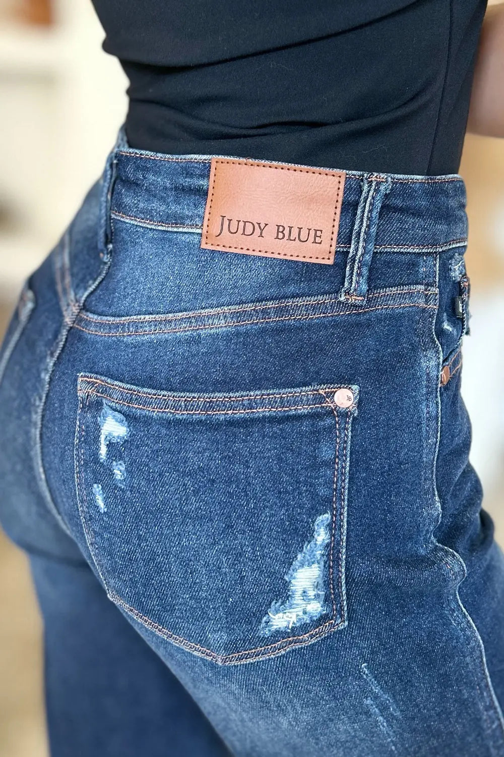 Judy Blue High Waist Rigid Magic Destroyed Straight Jeans for Women - Vintage Distressed Denim Pants with Comfort Stretch (Casual Wear, Street Style, Night Out)