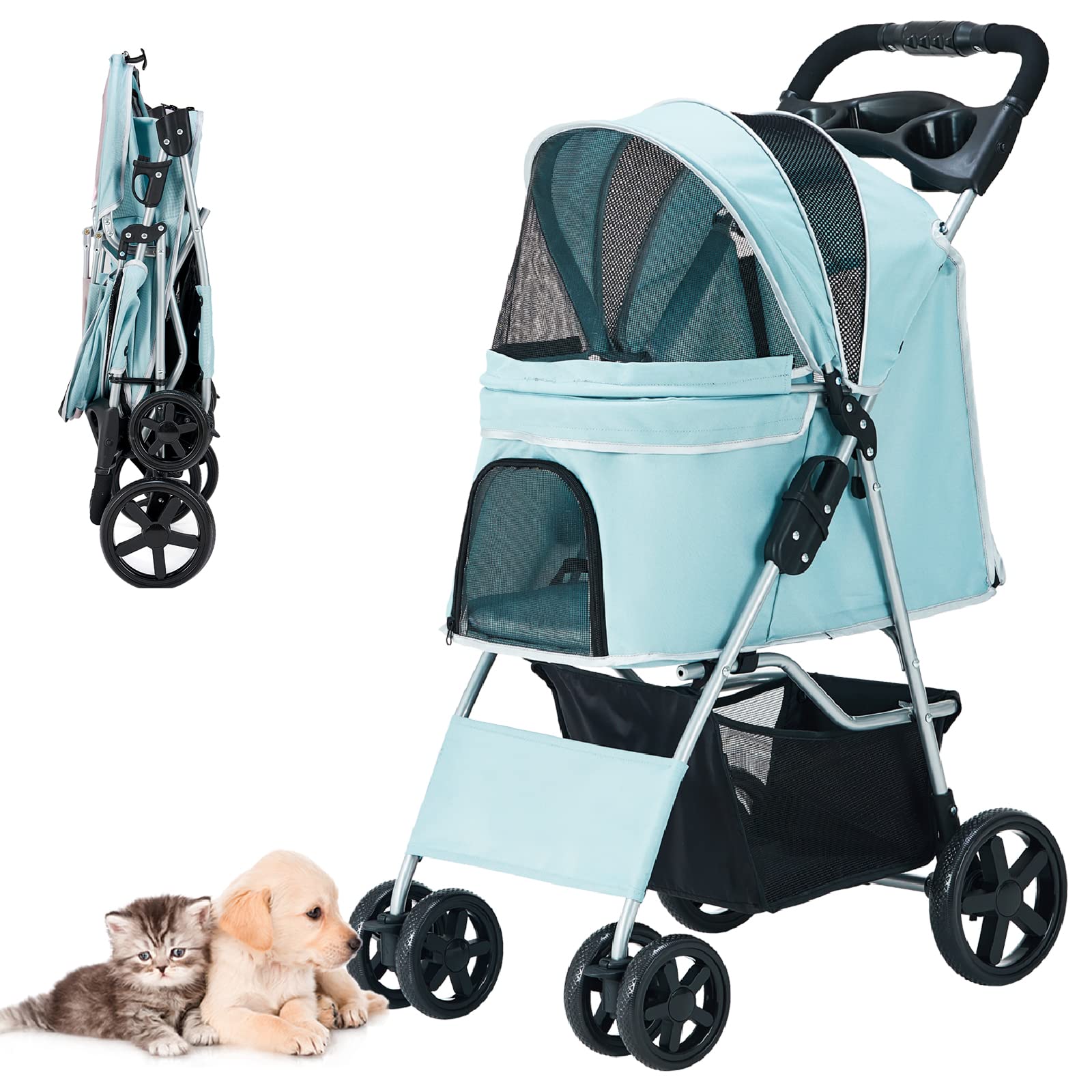 Premium Folding Pet Stroller for Small & Medium Dogs & Cats - 4-Wheel Light Blue Jogger with Cup Holder & Storage Basket | Perfect for Outdoor Walks, Shopping & Vet Visits