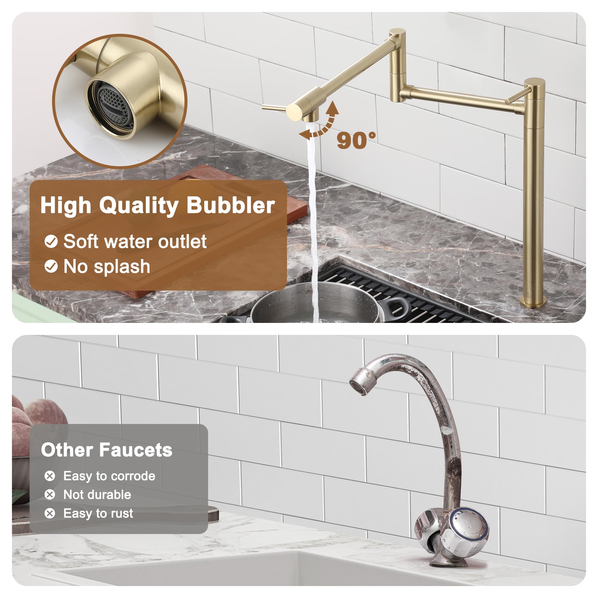 CASAINC Brushed Gold Pot Filler Deck Mount Kitchen Faucet - 2 Handle Folding Faucet with Adjustable Swing Arms for Stove - Perfect for Cooking, Filling Pots & Kitchen Tasks (Brass Construction)